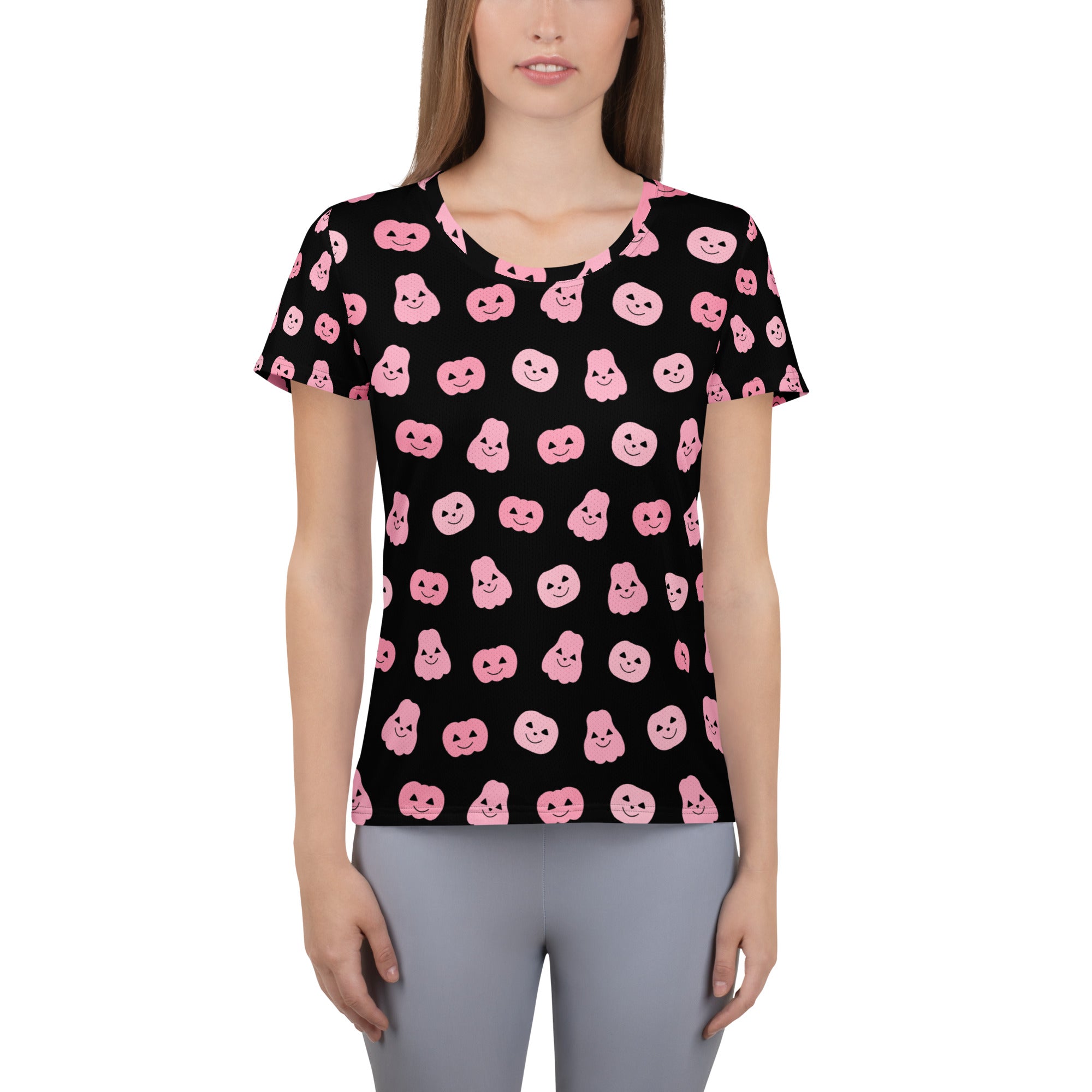 Women’s Pink Pumpkin Halloween Performance Athletic T-Shirt - Lightweight Moisture Wicking Workout Top with UPF 50+