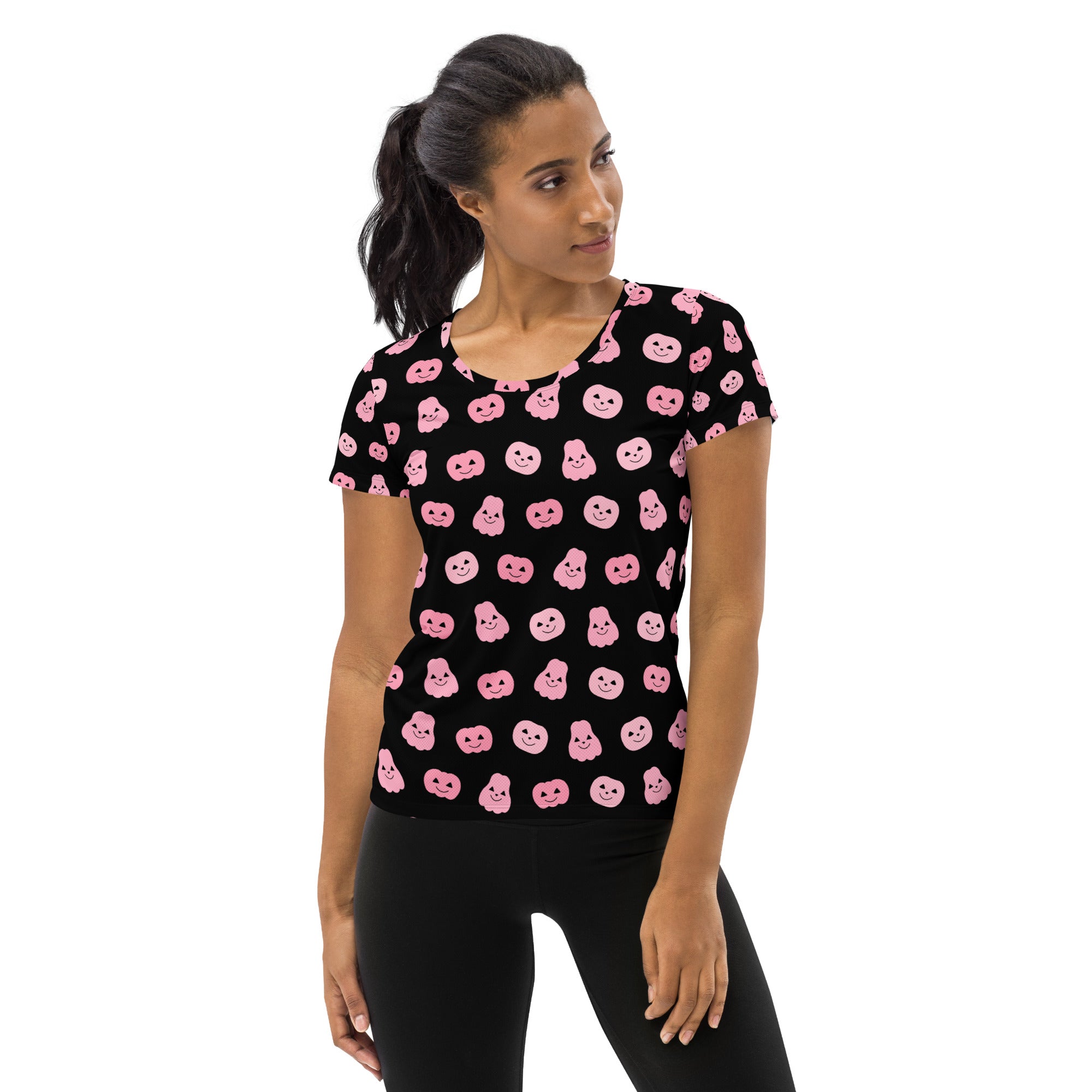 Women’s Pink Pumpkin Halloween Performance Athletic T-Shirt - Lightweight Moisture Wicking Workout Top with UPF 50+