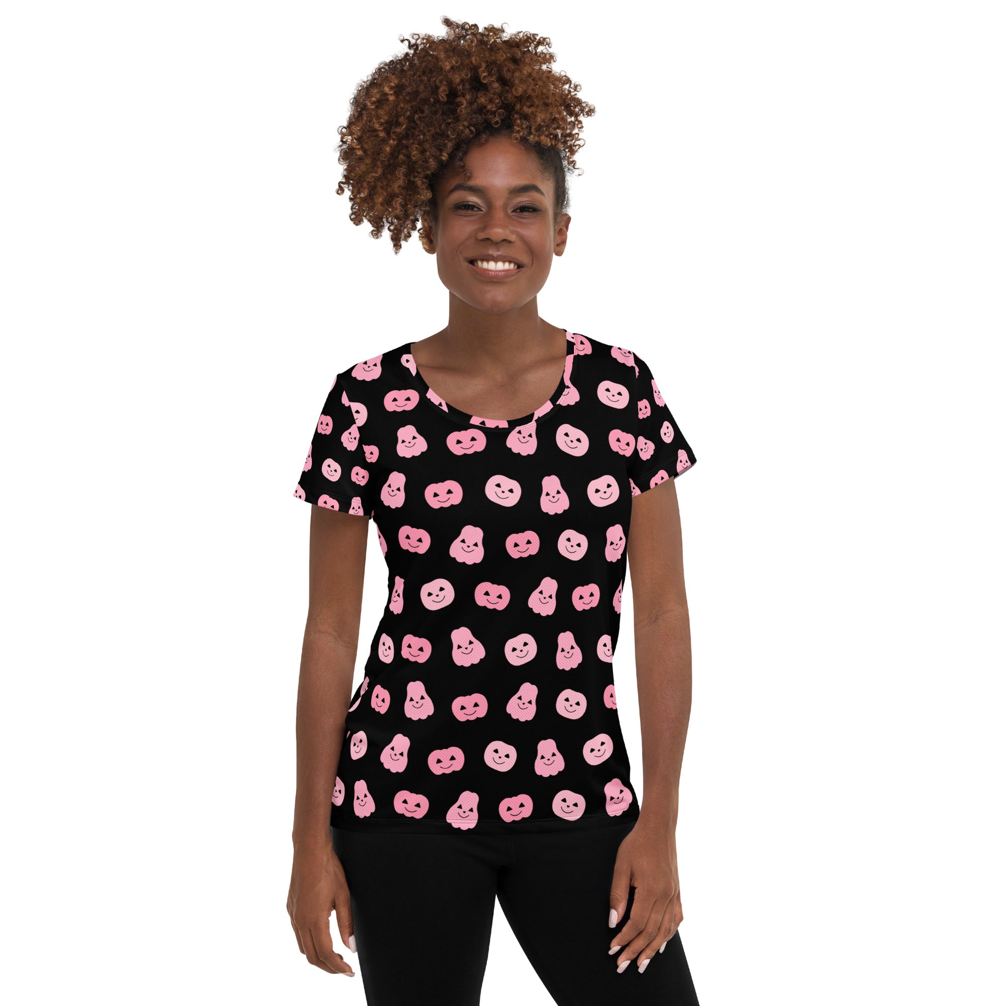 Women’s Pink Pumpkin Halloween Performance Athletic T-Shirt - Lightweight Moisture Wicking Workout Top with UPF 50+