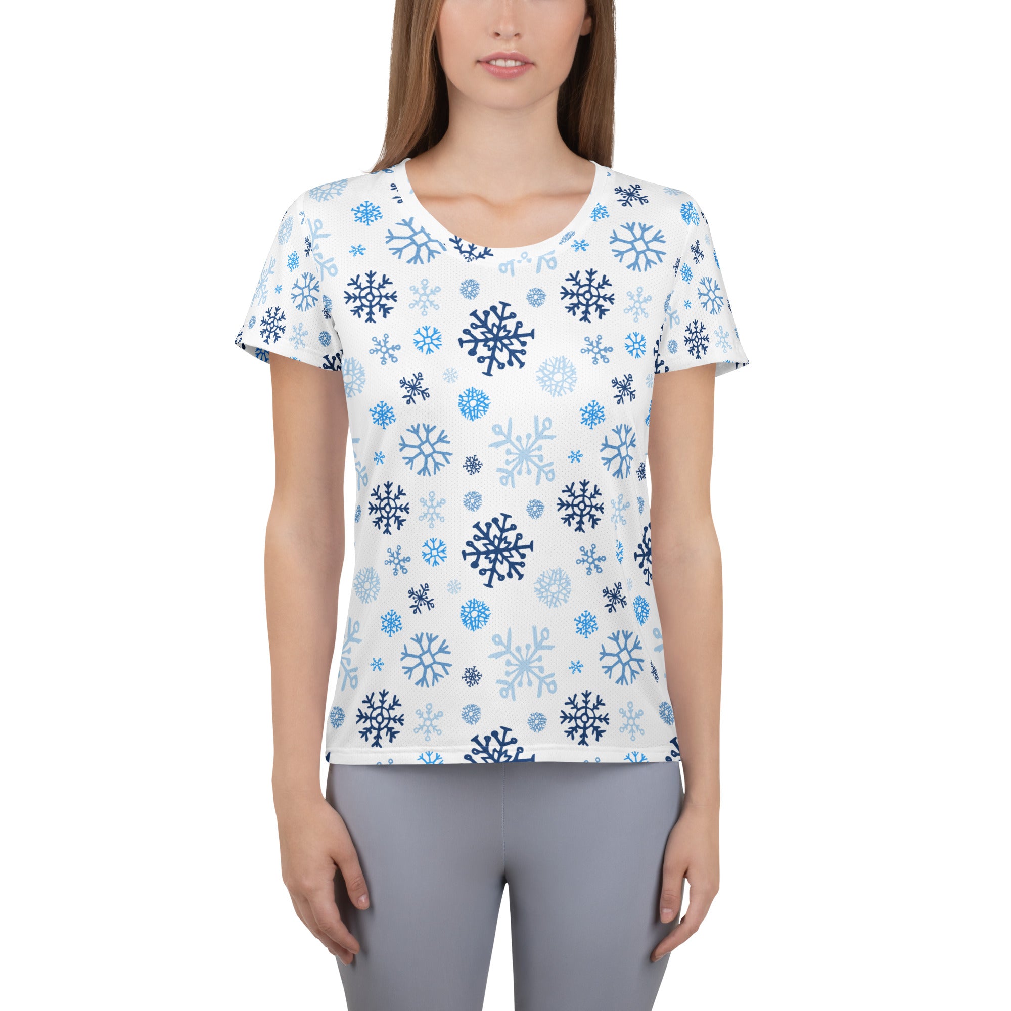 Women’s Blue Snowflakes Performance Athletic T-Shirt - Lightweight Moisture Wicking Workout Top with UPF 50+