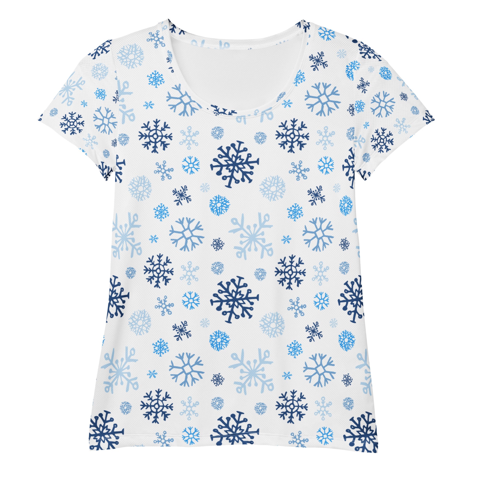 Women’s Blue Snowflakes Performance Athletic T-Shirt - Lightweight Moisture Wicking Workout Top with UPF 50+