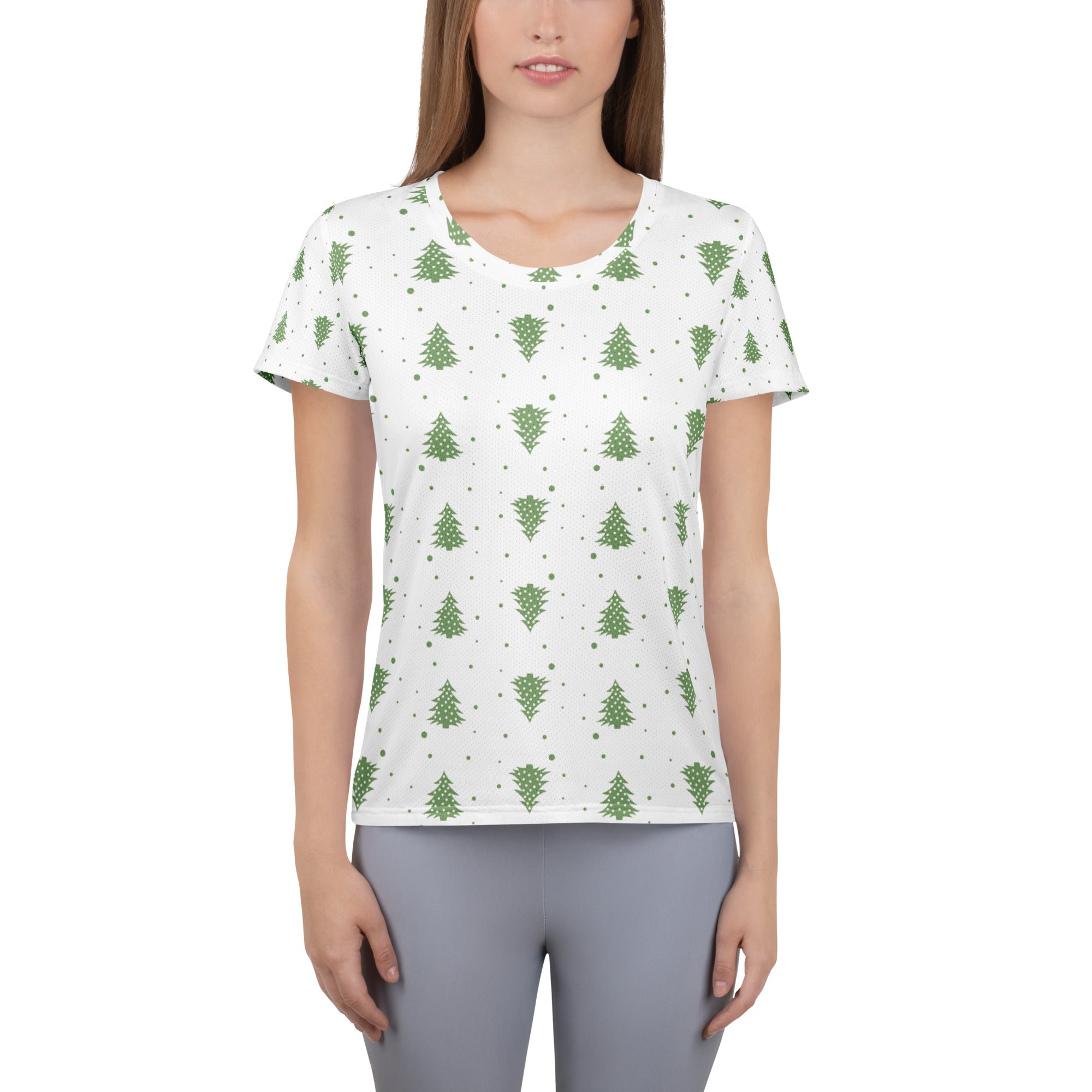 Women’s Green Christmas Tree Performance Athletic T-Shirt - Lightweight Moisture Wicking Workout Top with UPF 50+