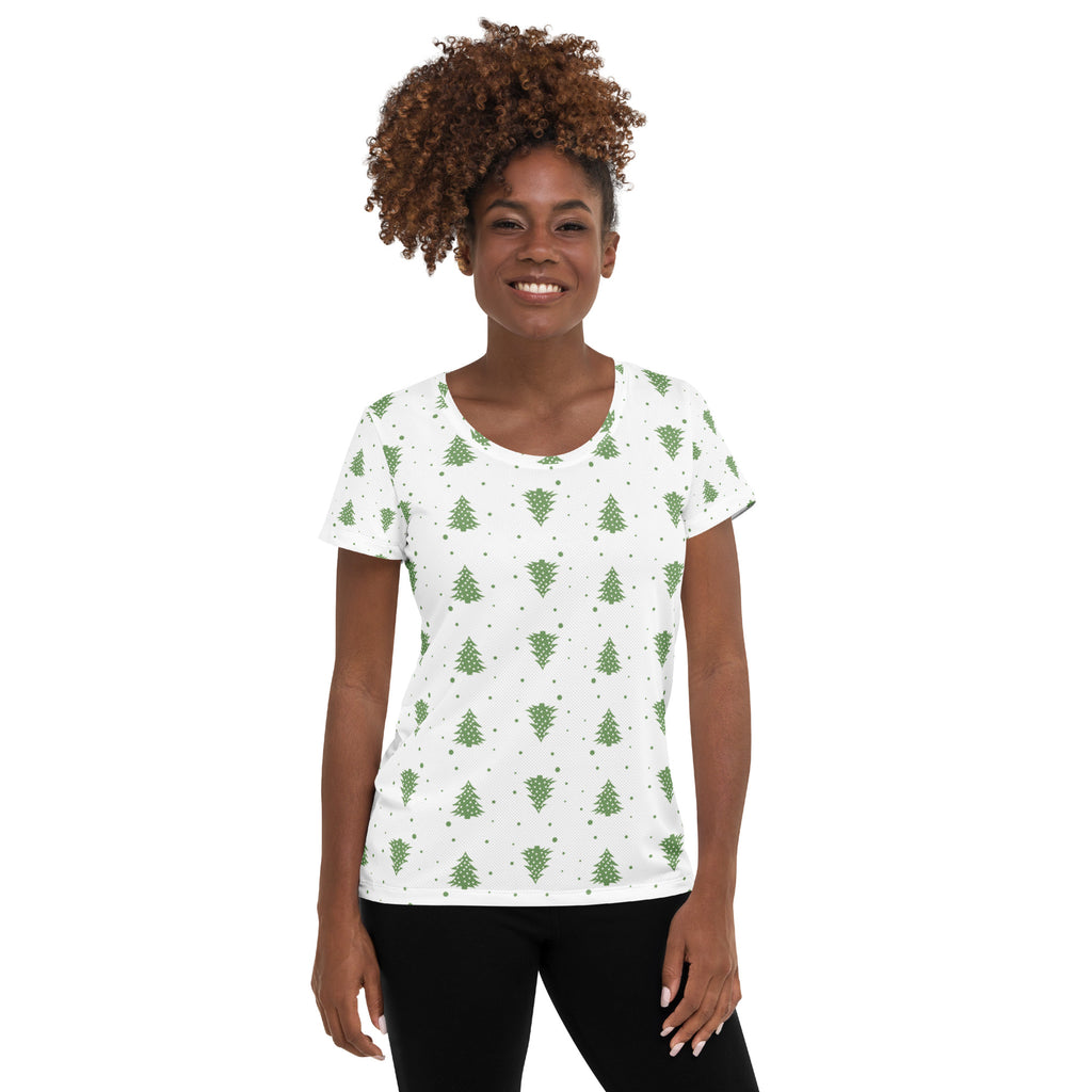 Women’s Green Christmas Tree Performance Athletic T-Shirt - Lightweight Moisture Wicking Workout Top with UPF 50+