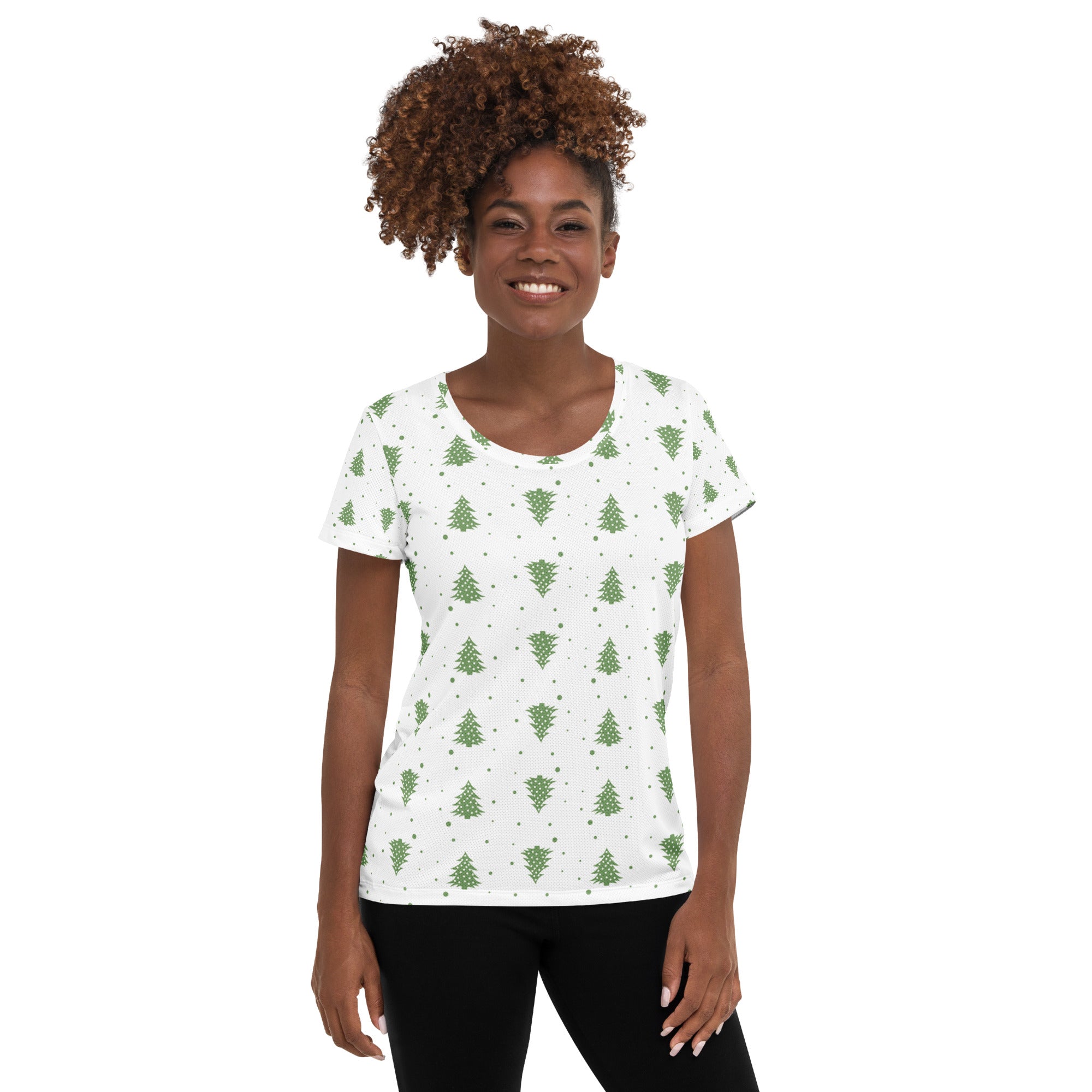 Women’s Green Christmas Tree Performance Athletic T-Shirt - Lightweight Moisture Wicking Workout Top with UPF 50+