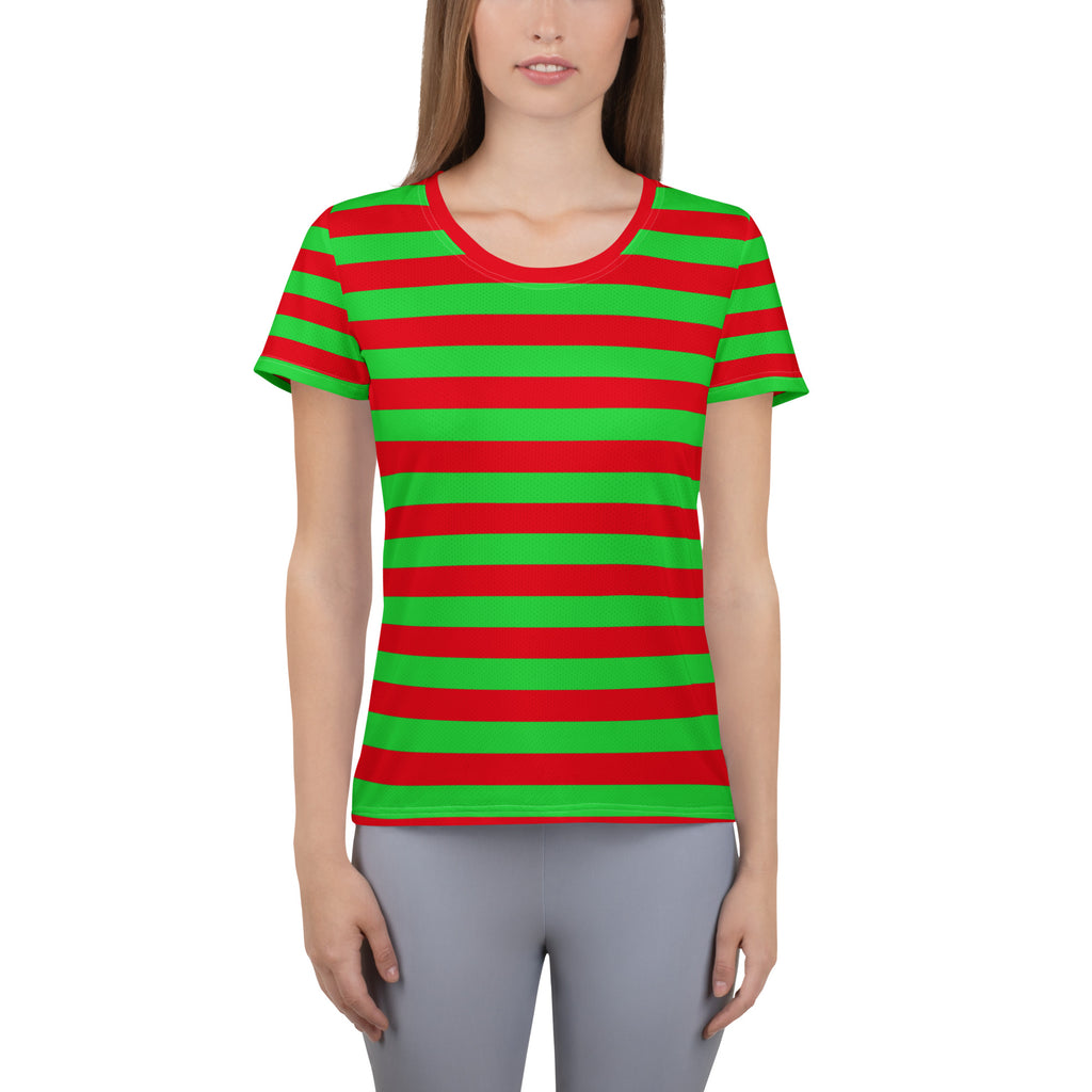 Women’s Red & Green Striped Christmas Performance Athletic T-Shirt - Lightweight Moisture Wicking Workout Top with UPF 50+