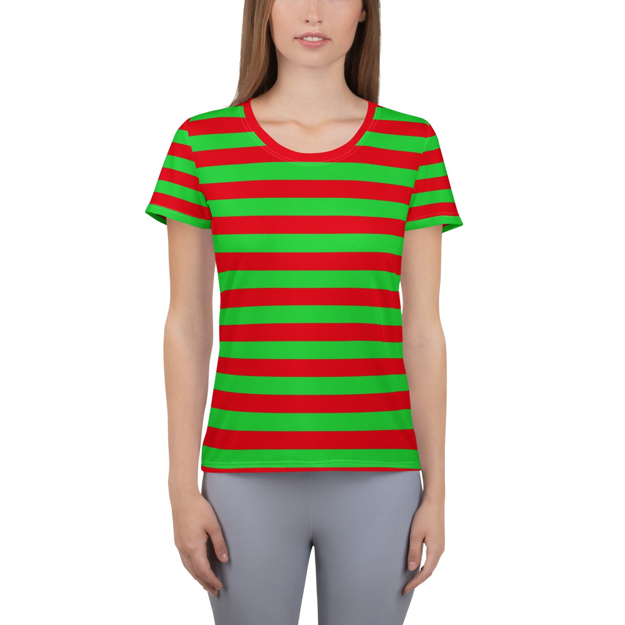 Women’s Red & Green Striped Christmas Performance Athletic T-Shirt - Lightweight Moisture Wicking Workout Top with UPF 50+