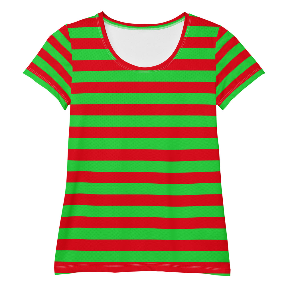 Women’s Red & Green Striped Christmas Performance Athletic T-Shirt - Lightweight Moisture Wicking Workout Top with UPF 50+
