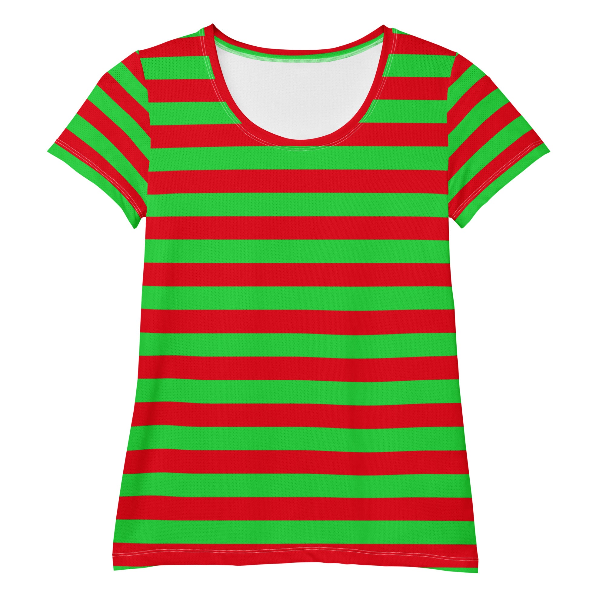 Women’s Red & Green Striped Christmas Performance Athletic T-Shirt - Lightweight Moisture Wicking Workout Top with UPF 50+