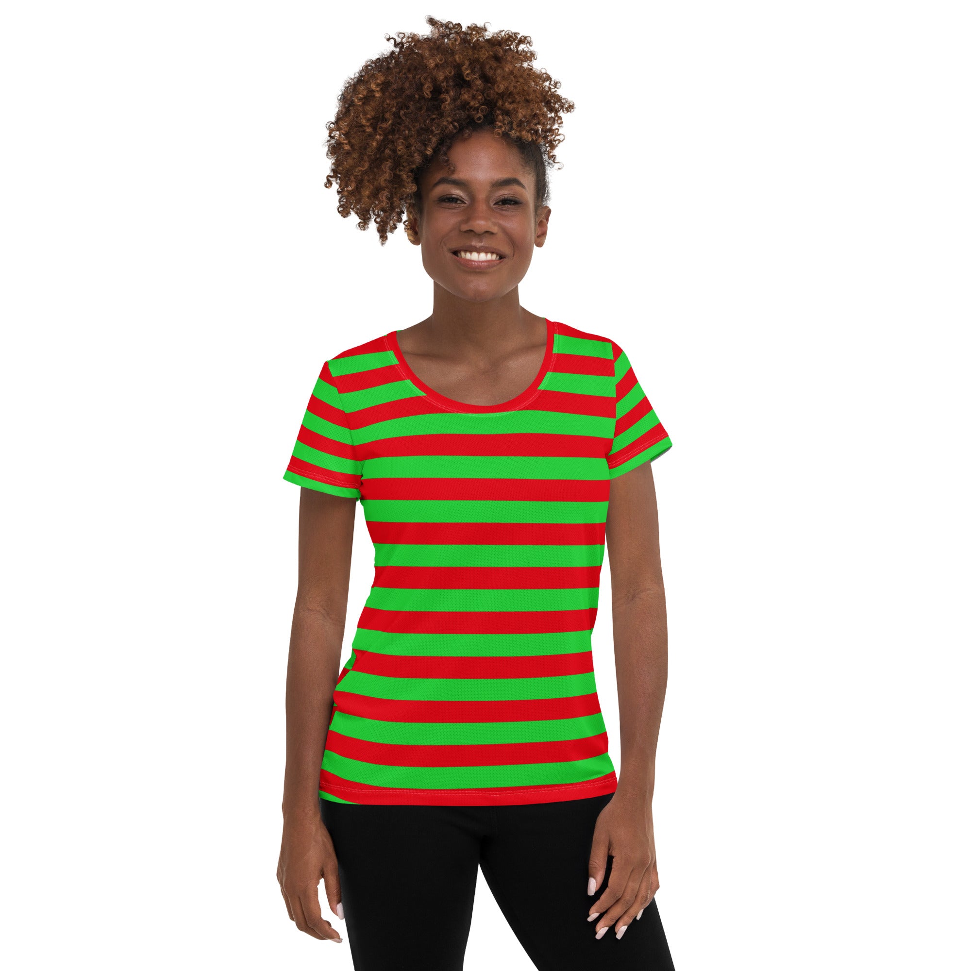 Women’s Red & Green Striped Christmas Performance Athletic T-Shirt - Lightweight Moisture Wicking Workout Top with UPF 50+