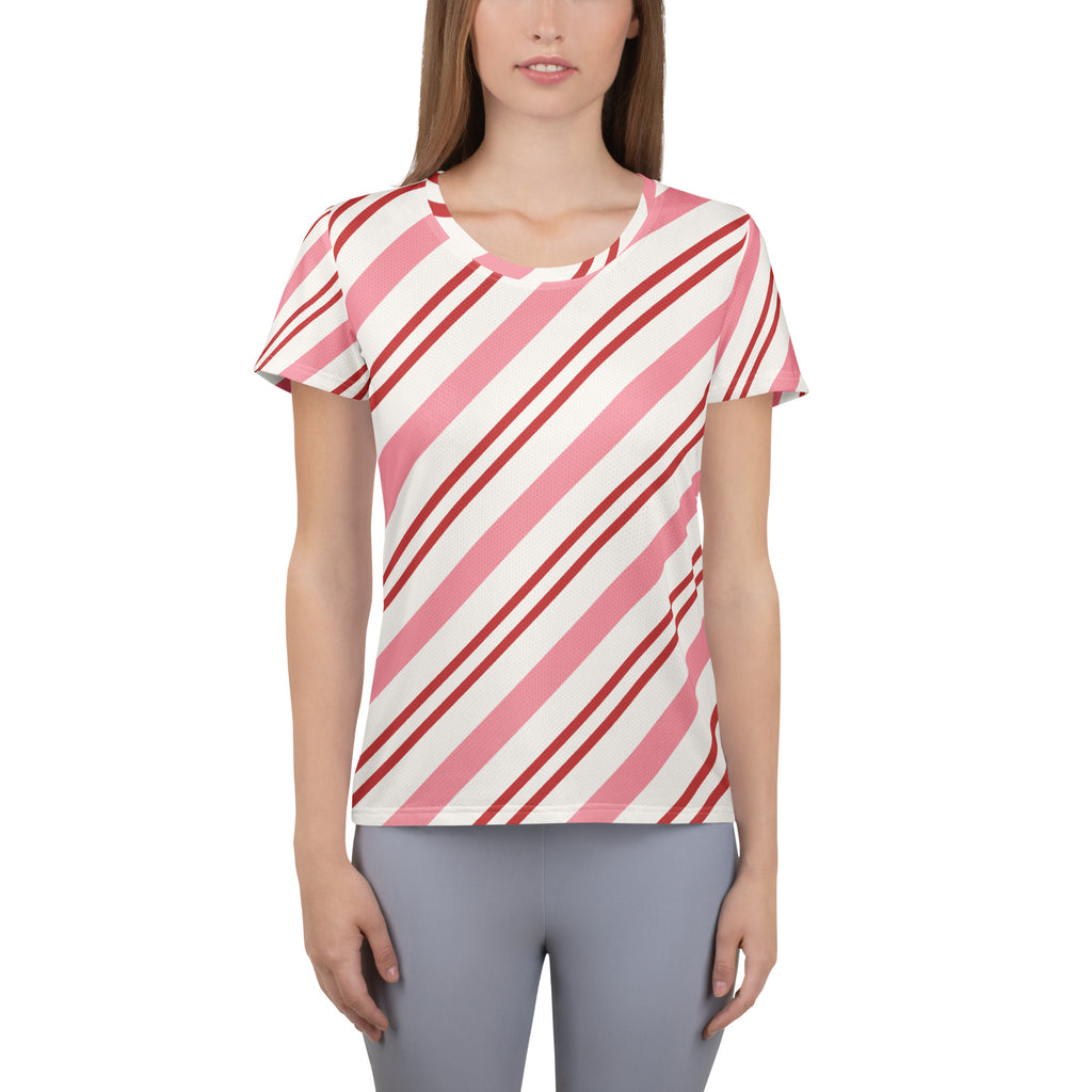 Women’s Pink Candy Cane Stripe Christmas Performance Athletic T-Shirt - Lightweight Moisture Wicking Workout Top with UPF 50+