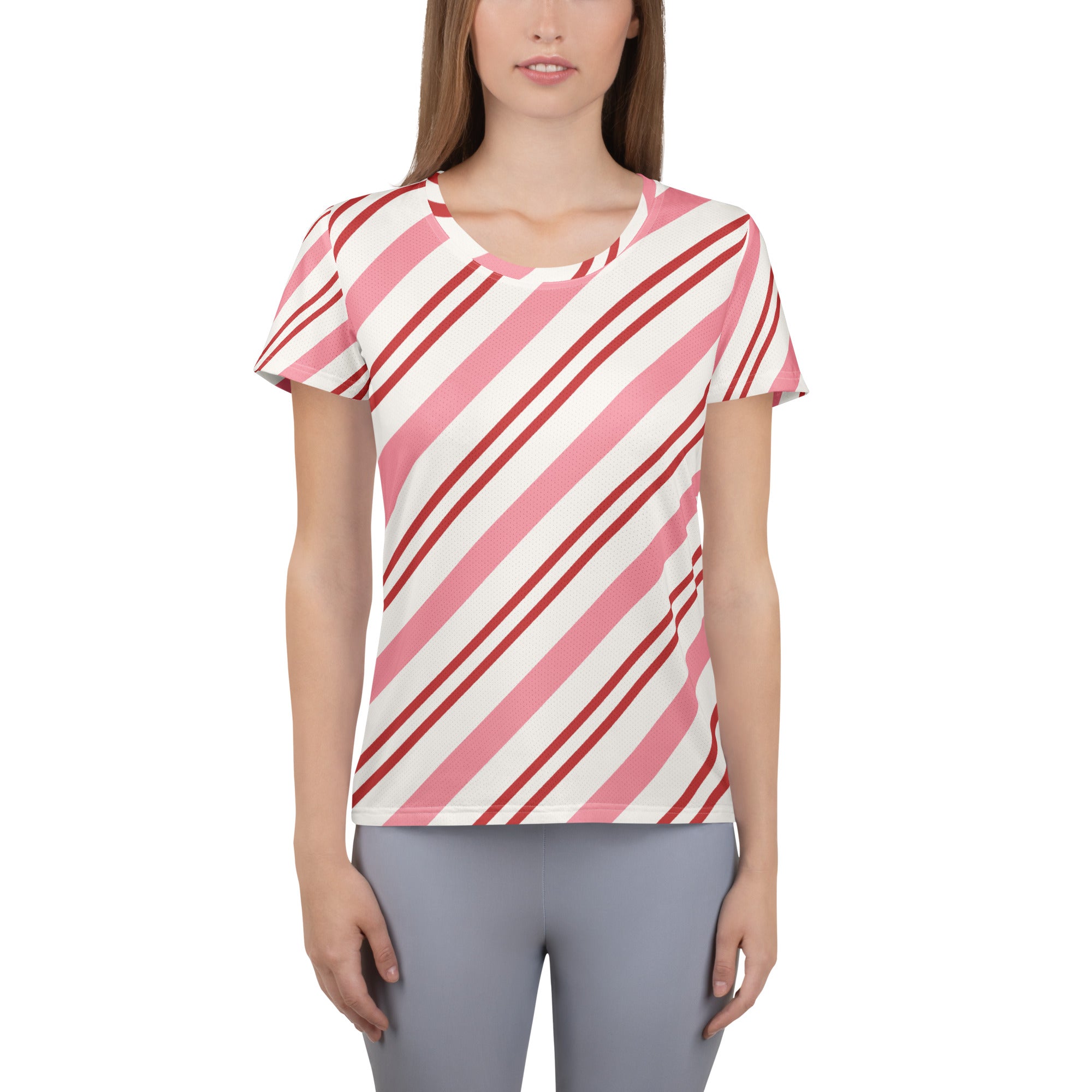 Women’s Pink Candy Cane Stripe Christmas Performance Athletic T-Shirt - Lightweight Moisture Wicking Workout Top with UPF 50+