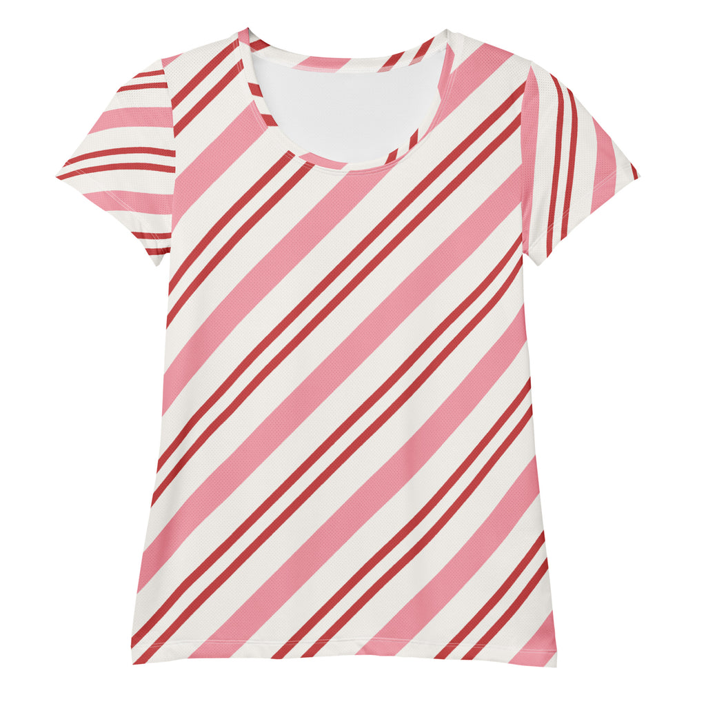 Women’s Pink Candy Cane Stripe Christmas Performance Athletic T-Shirt - Lightweight Moisture Wicking Workout Top with UPF 50+
