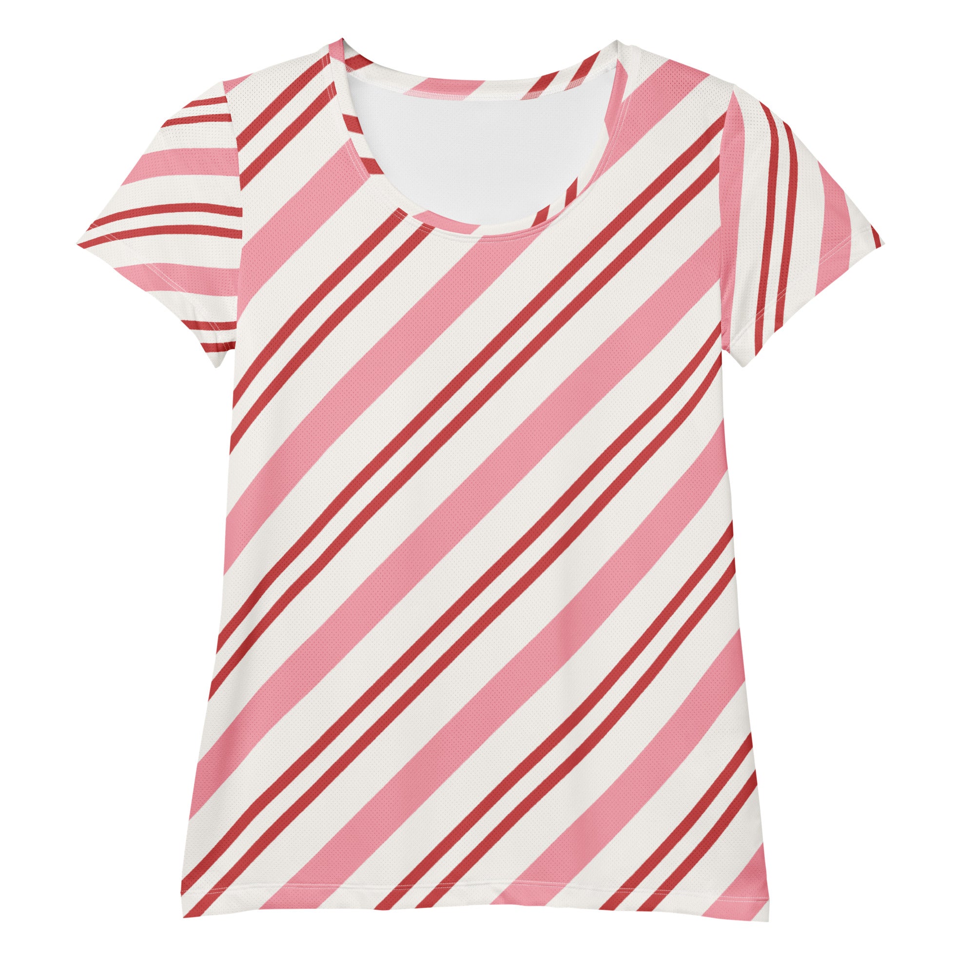 Women’s Pink Candy Cane Stripe Christmas Performance Athletic T-Shirt - Lightweight Moisture Wicking Workout Top with UPF 50+