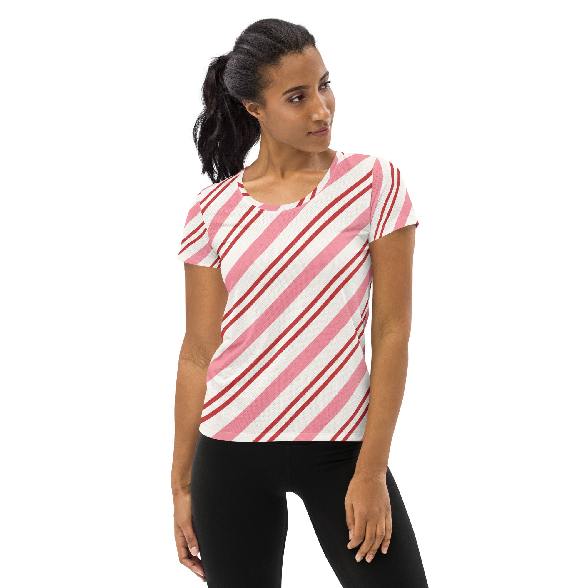 Women’s Pink Candy Cane Stripe Christmas Performance Athletic T-Shirt - Lightweight Moisture Wicking Workout Top with UPF 50+
