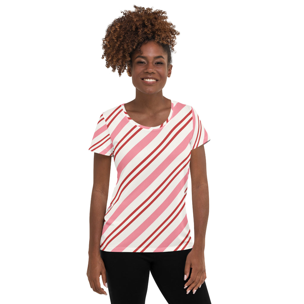 Women’s Pink Candy Cane Stripe Christmas Performance Athletic T-Shirt - Lightweight Moisture Wicking Workout Top with UPF 50+
