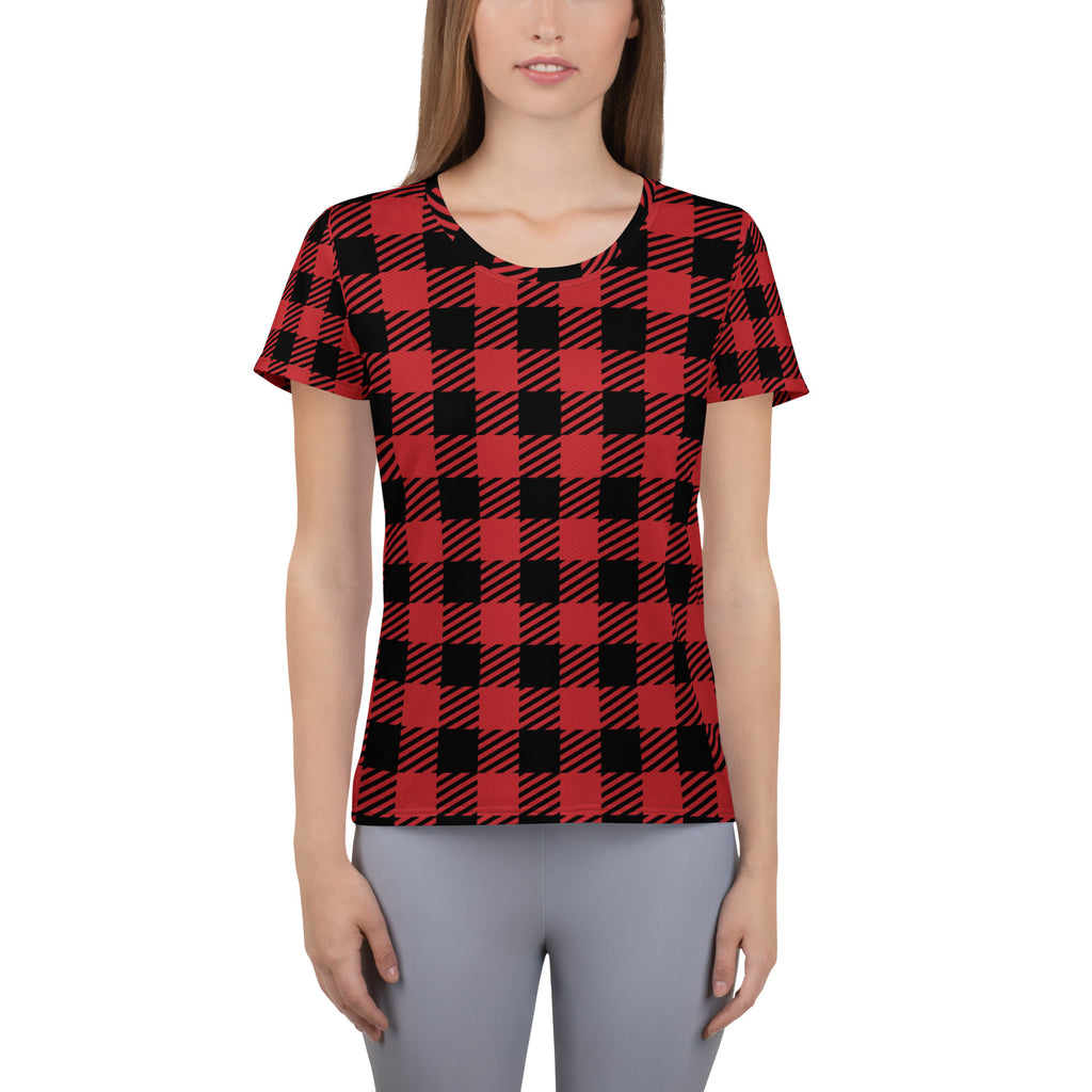 Women’s Red & Black Buffalo Plaid Performance Athletic T-Shirt - Lightweight Moisture Wicking Workout Top with UPF 50+