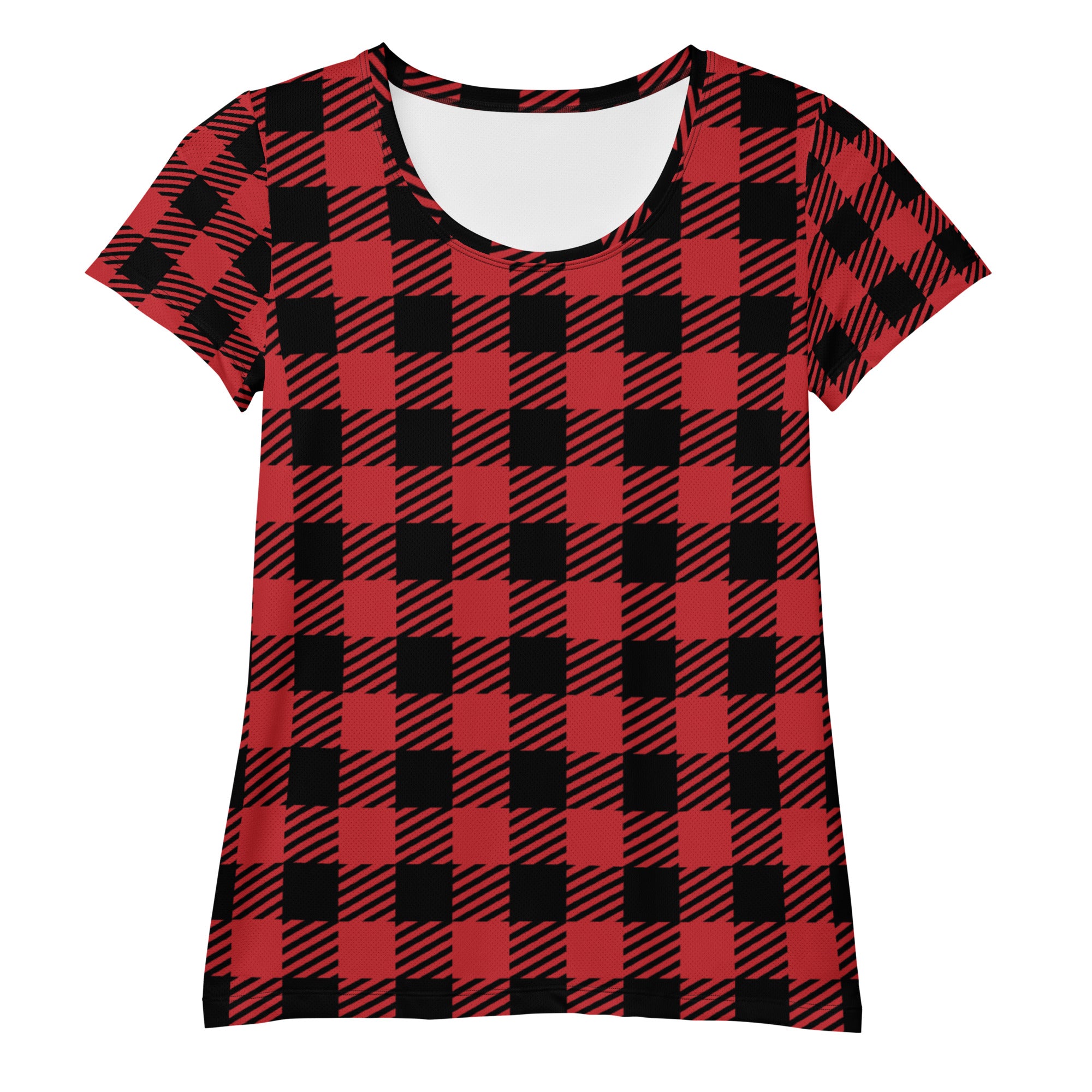 Women’s Red & Black Buffalo Plaid Performance Athletic T-Shirt - Lightweight Moisture Wicking Workout Top with UPF 50+