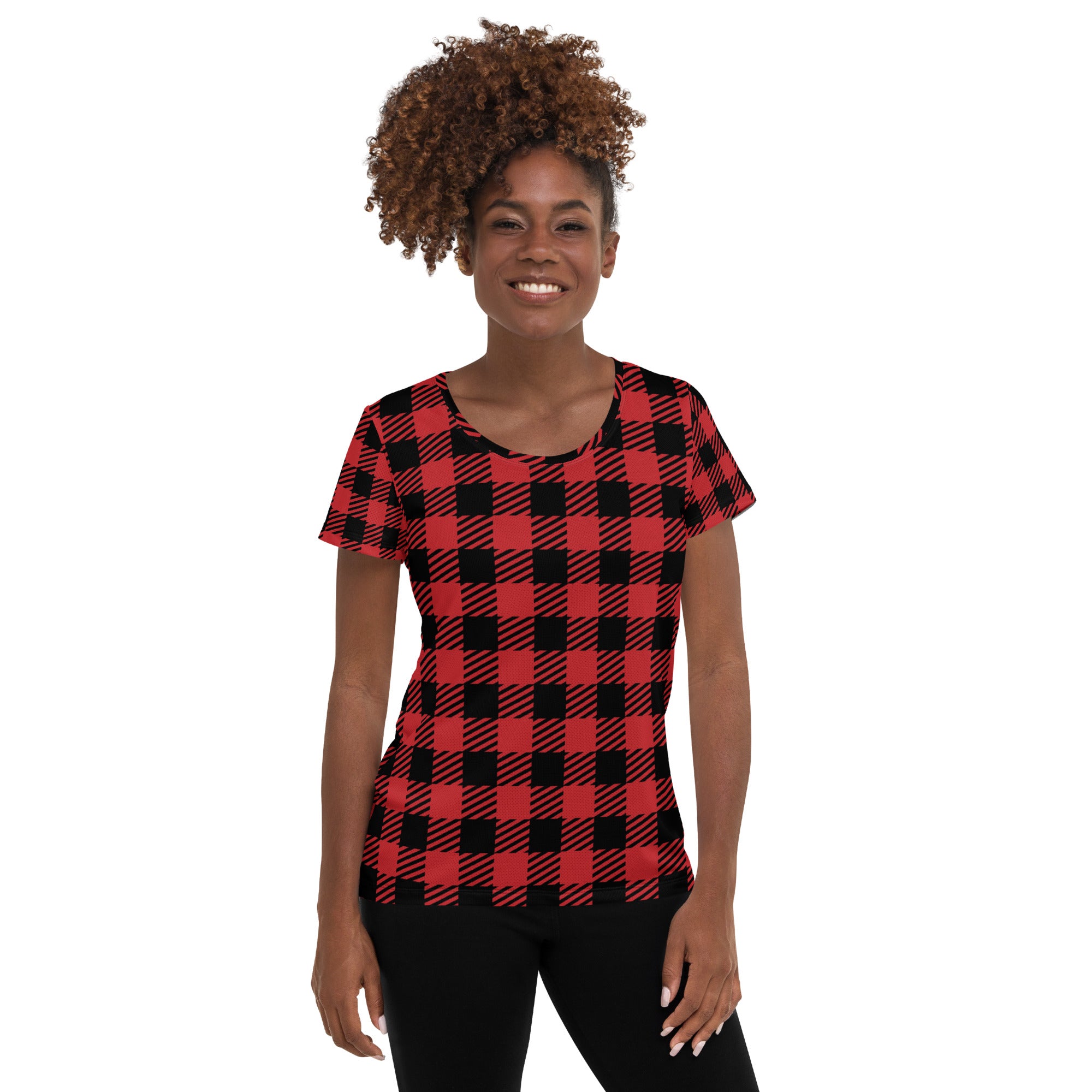 Women’s Red & Black Buffalo Plaid Performance Athletic T-Shirt - Lightweight Moisture Wicking Workout Top with UPF 50+