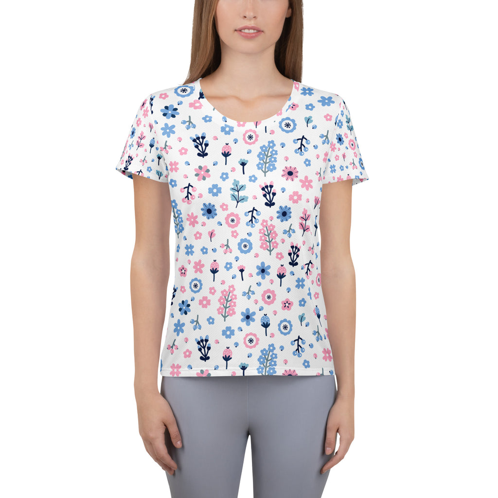 Women’s Pink & Blue Floral Performance Athletic T-Shirt - Lightweight Moisture Wicking Workout Top with UPF 50+