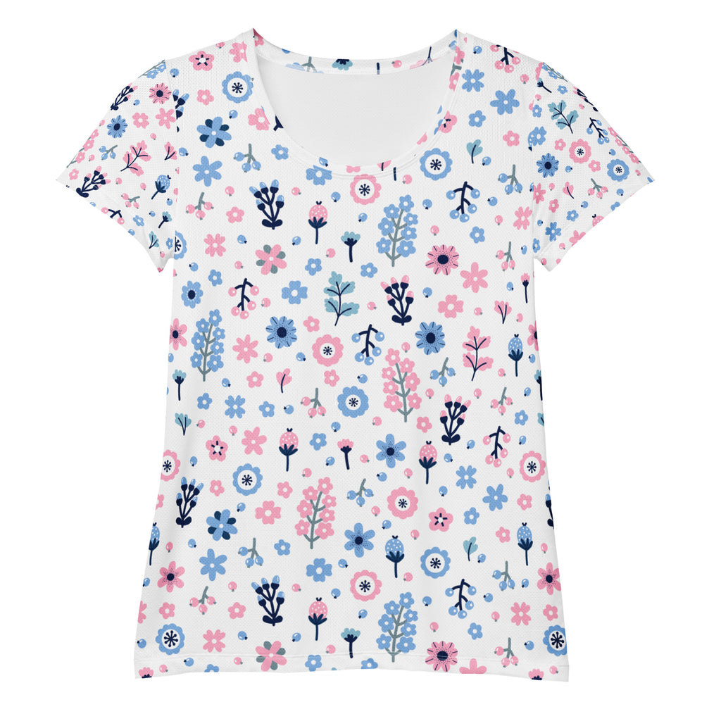 Women’s Pink & Blue Floral Performance Athletic T-Shirt - Lightweight Moisture Wicking Workout Top with UPF 50+