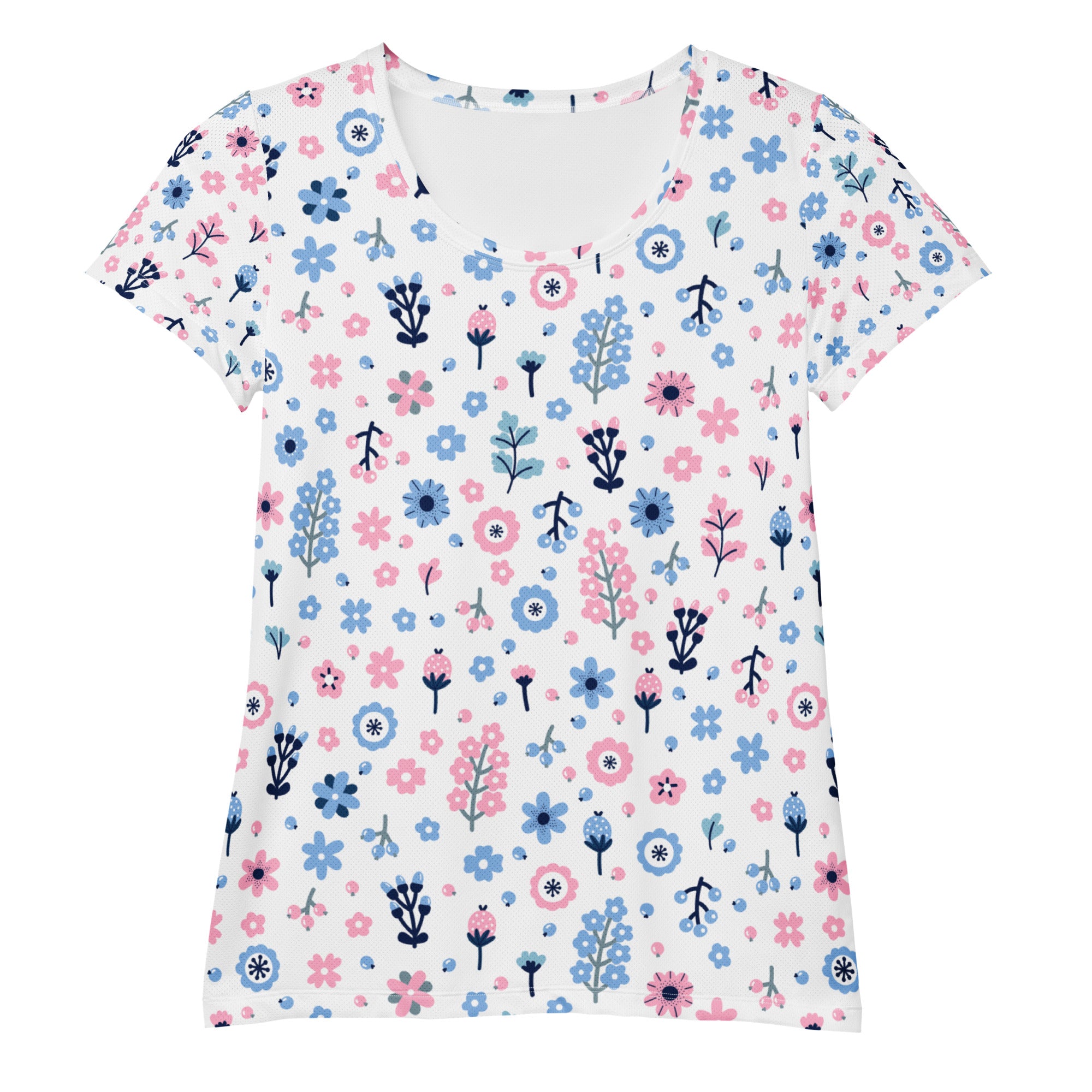 Women’s Pink & Blue Floral Performance Athletic T-Shirt - Lightweight Moisture Wicking Workout Top with UPF 50+