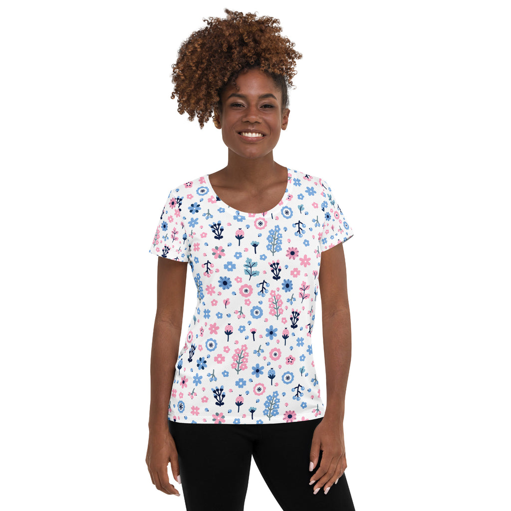 Women’s Pink & Blue Floral Performance Athletic T-Shirt - Lightweight Moisture Wicking Workout Top with UPF 50+