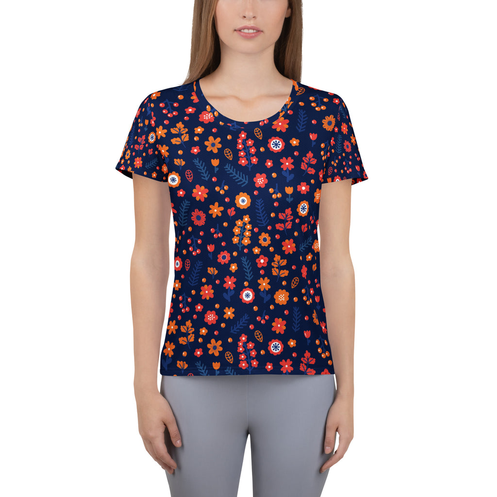 Women’s Navy Floral Performance Athletic T-Shirt - Lightweight Moisture Wicking Workout Top with UPF 50+