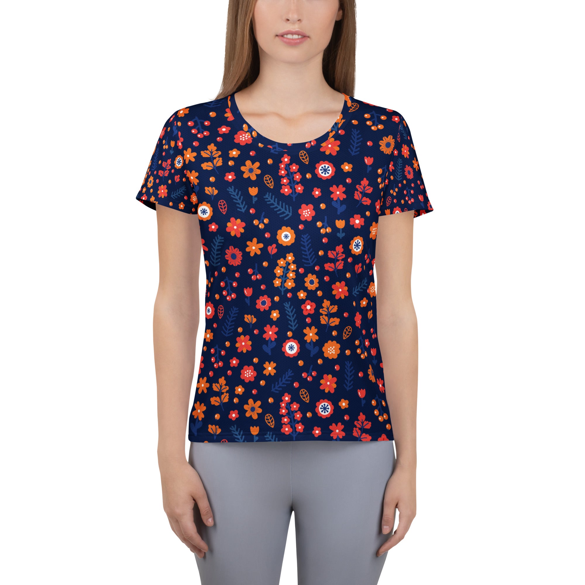 Women’s Navy Floral Performance Athletic T-Shirt - Lightweight Moisture Wicking Workout Top with UPF 50+