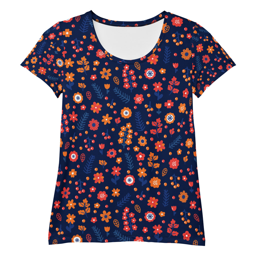 Women’s Navy Floral Performance Athletic T-Shirt - Lightweight Moisture Wicking Workout Top with UPF 50+