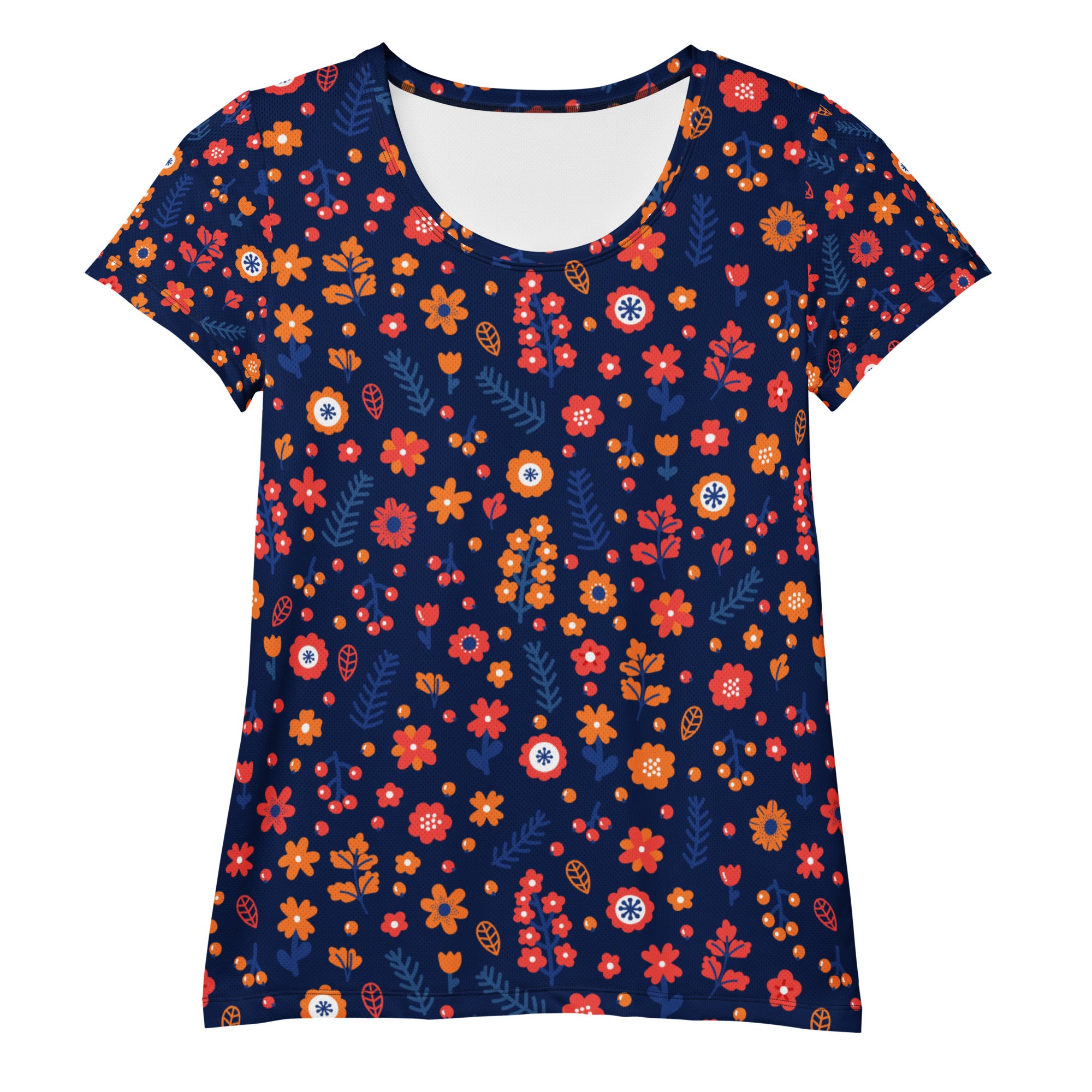 Women’s Navy Floral Performance Athletic T-Shirt - Lightweight Moisture Wicking Workout Top with UPF 50+