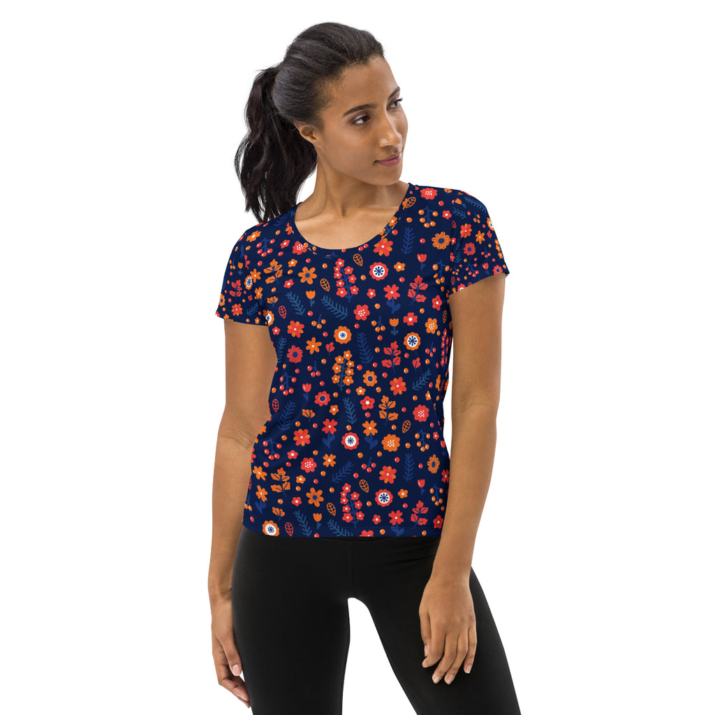 Women’s Navy Floral Performance Athletic T-Shirt - Lightweight Moisture Wicking Workout Top with UPF 50+