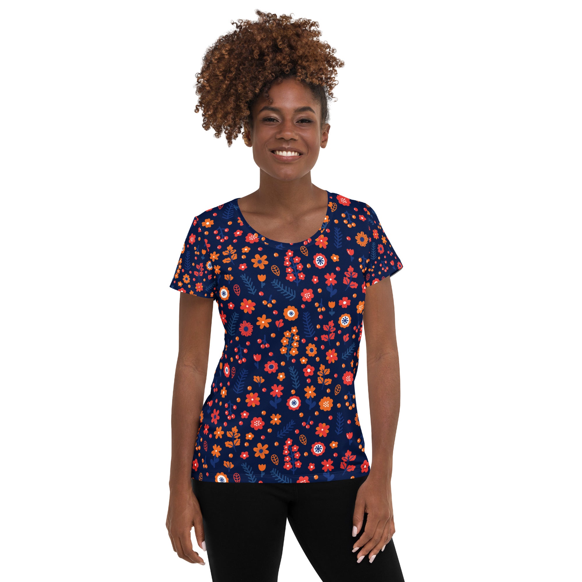 Women’s Navy Floral Performance Athletic T-Shirt - Lightweight Moisture Wicking Workout Top with UPF 50+