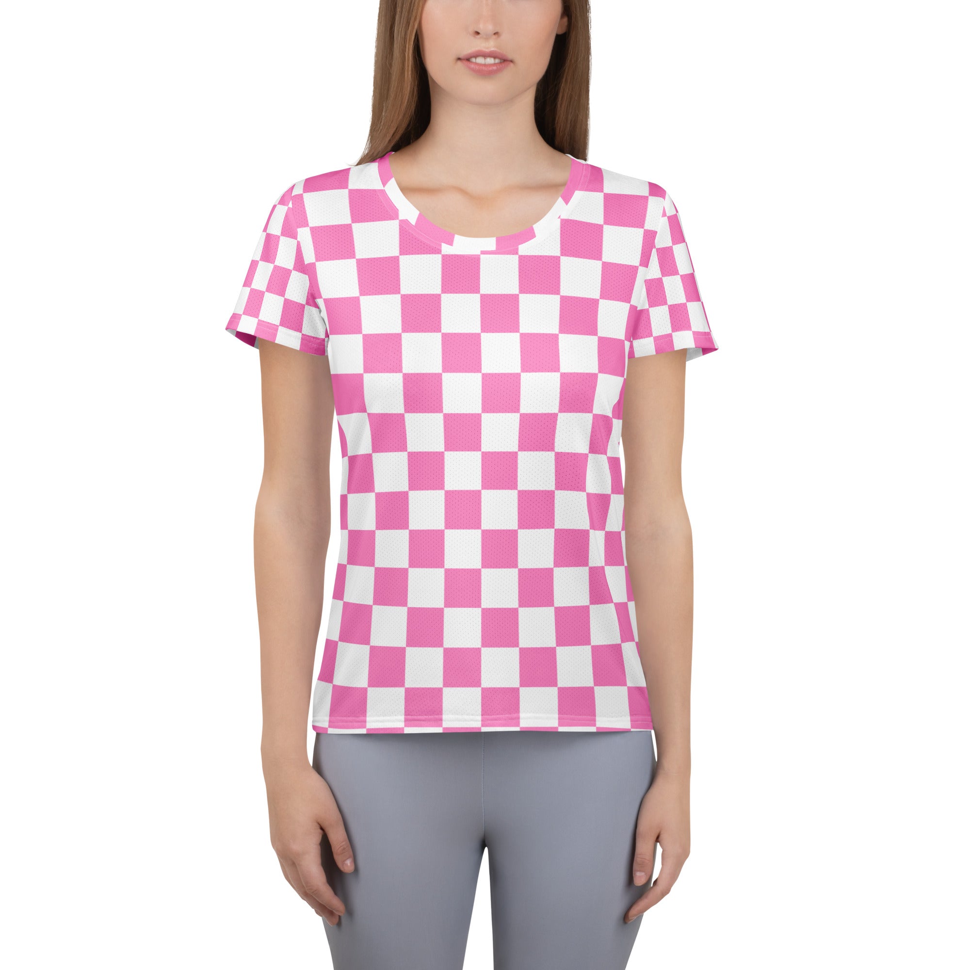 Women’s Pink Checkered Performance Athletic T-Shirt - Lightweight Moisture Wicking Workout Top with UPF 50+