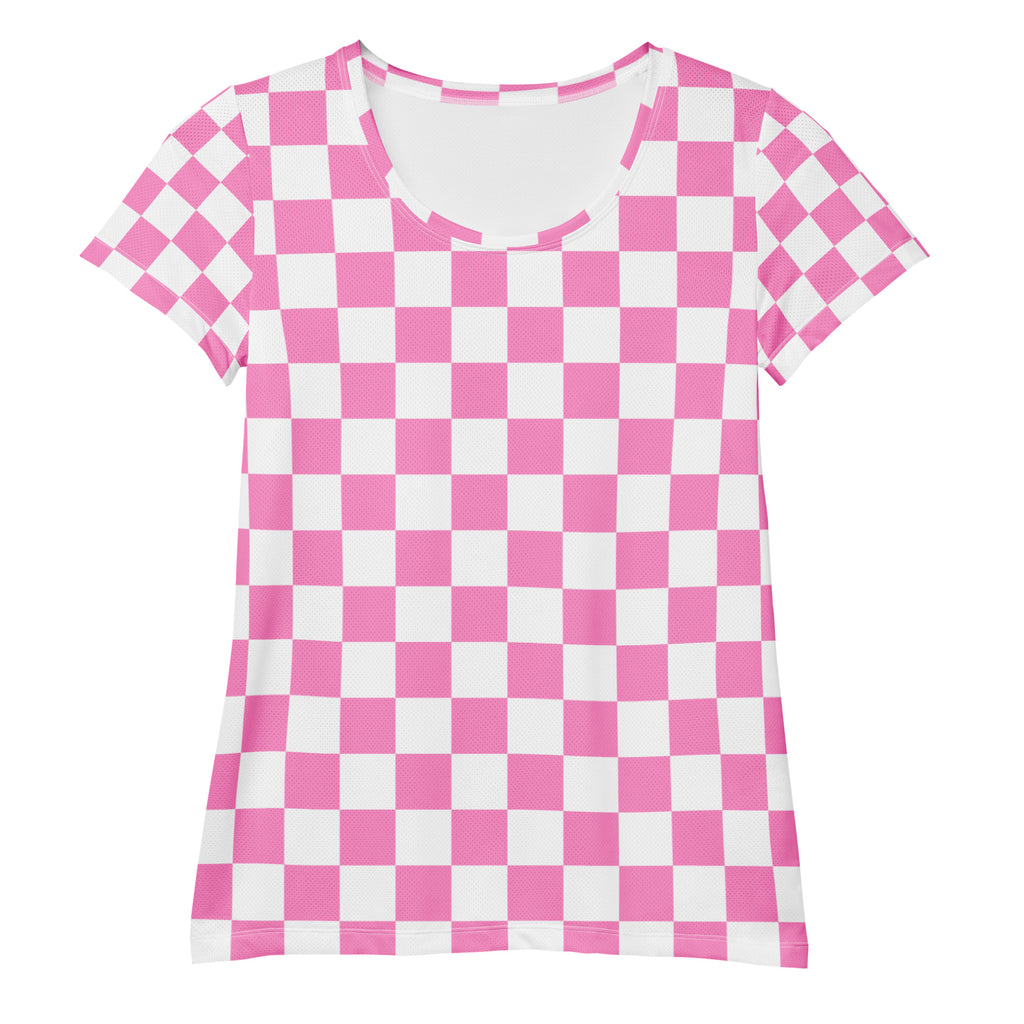 Women’s Pink Checkered Performance Athletic T-Shirt - Lightweight Moisture Wicking Workout Top with UPF 50+