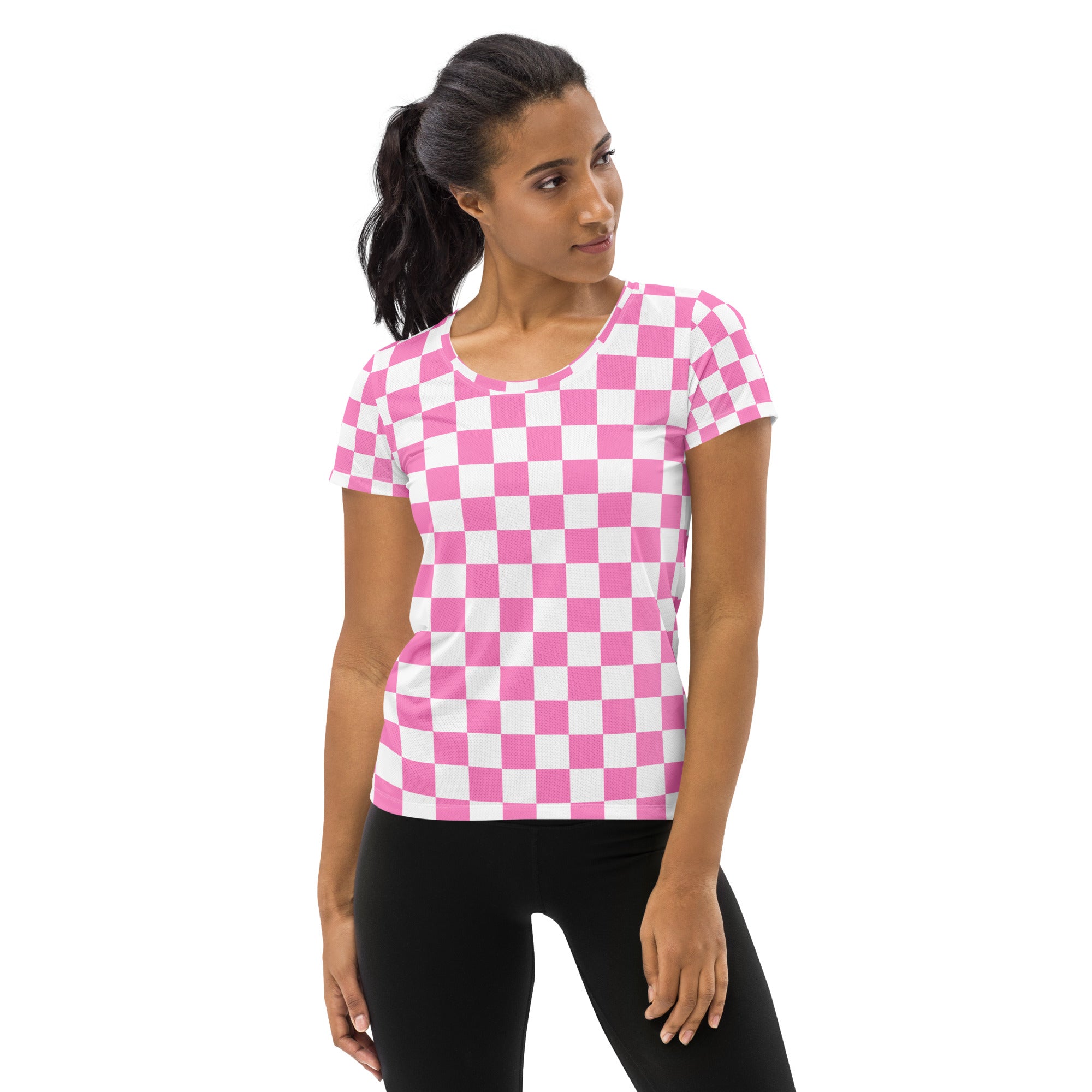 Women’s Pink Checkered Performance Athletic T-Shirt - Lightweight Moisture Wicking Workout Top with UPF 50+