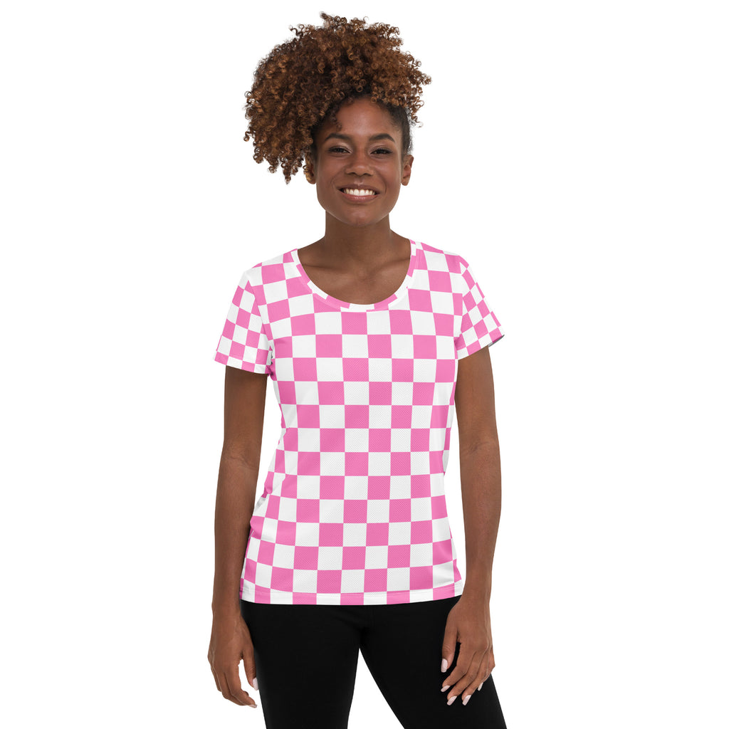 Women’s Pink Checkered Performance Athletic T-Shirt - Lightweight Moisture Wicking Workout Top with UPF 50+