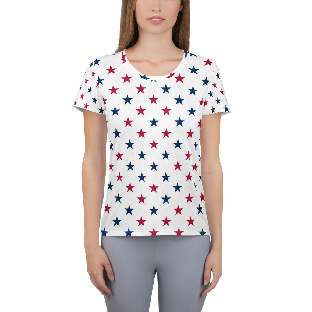 Women’s Red & Blue Star Performance Athletic T-Shirt - Lightweight Moisture Wicking Workout Top with UPF 50+
