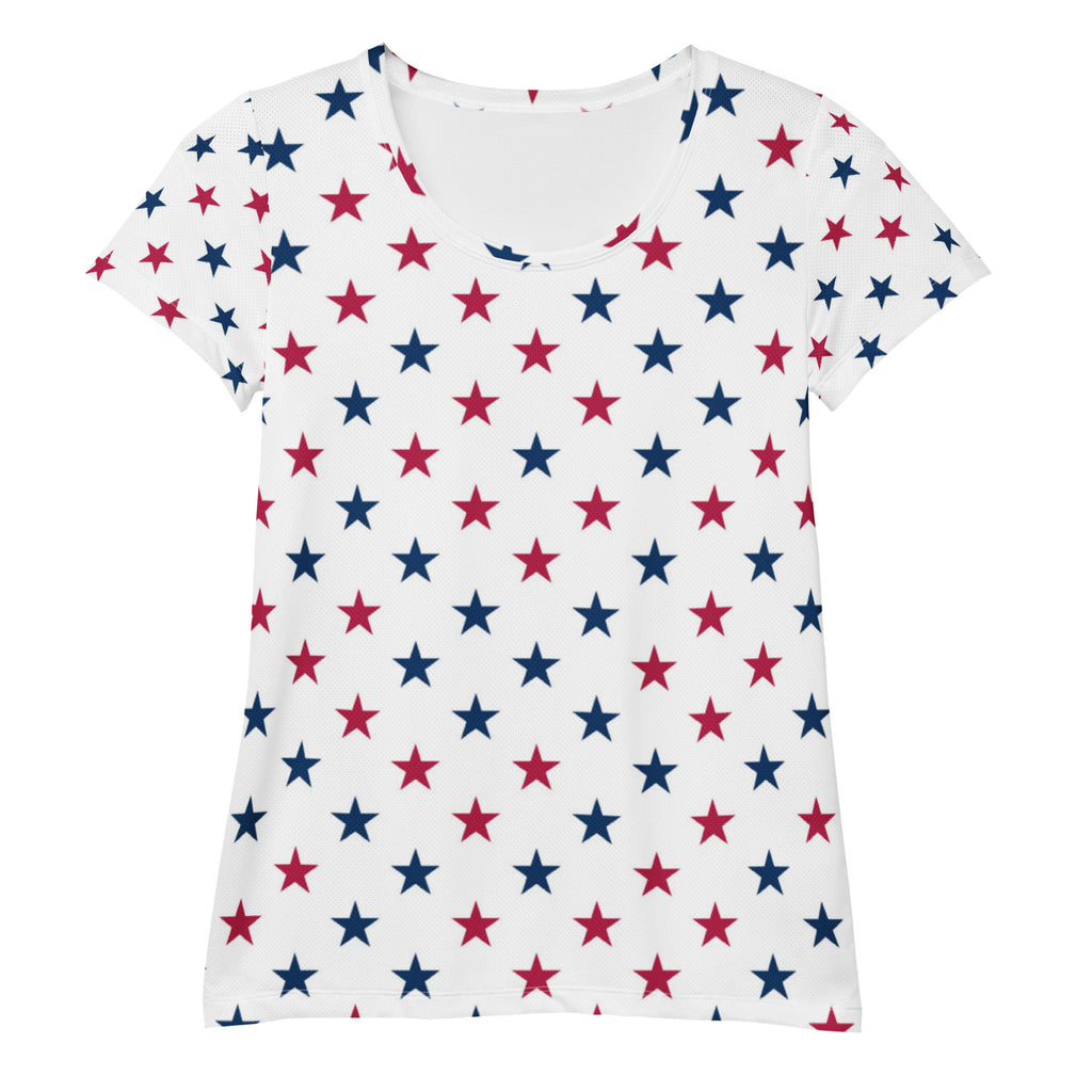 Women’s Red & Blue Star Performance Athletic T-Shirt - Lightweight Moisture Wicking Workout Top with UPF 50+