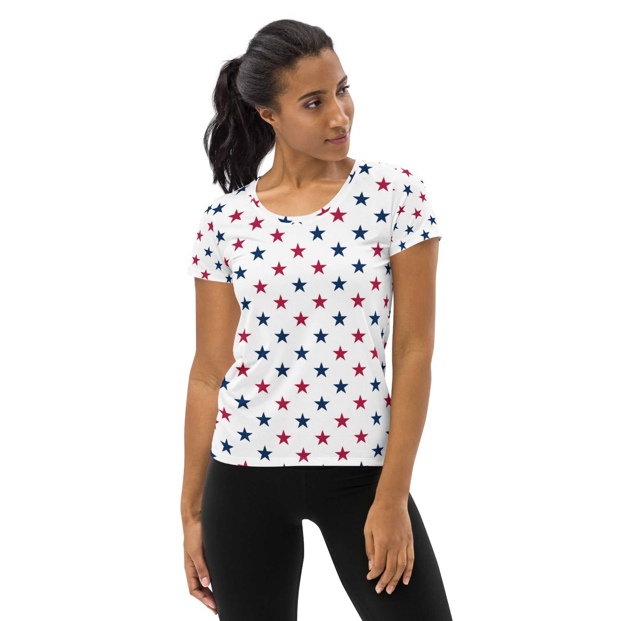 Women’s Red & Blue Star Performance Athletic T-Shirt - Lightweight Moisture Wicking Workout Top with UPF 50+
