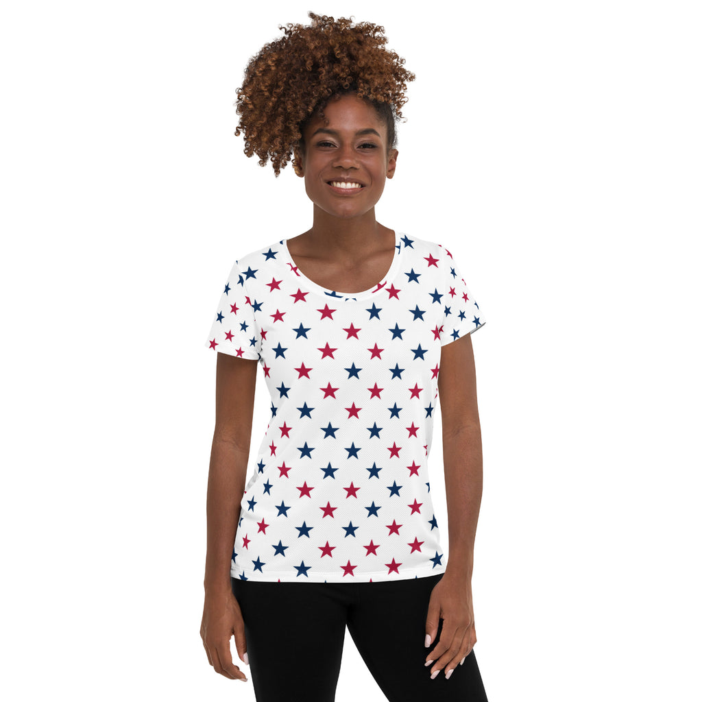 Women’s Red & Blue Star Performance Athletic T-Shirt - Lightweight Moisture Wicking Workout Top with UPF 50+