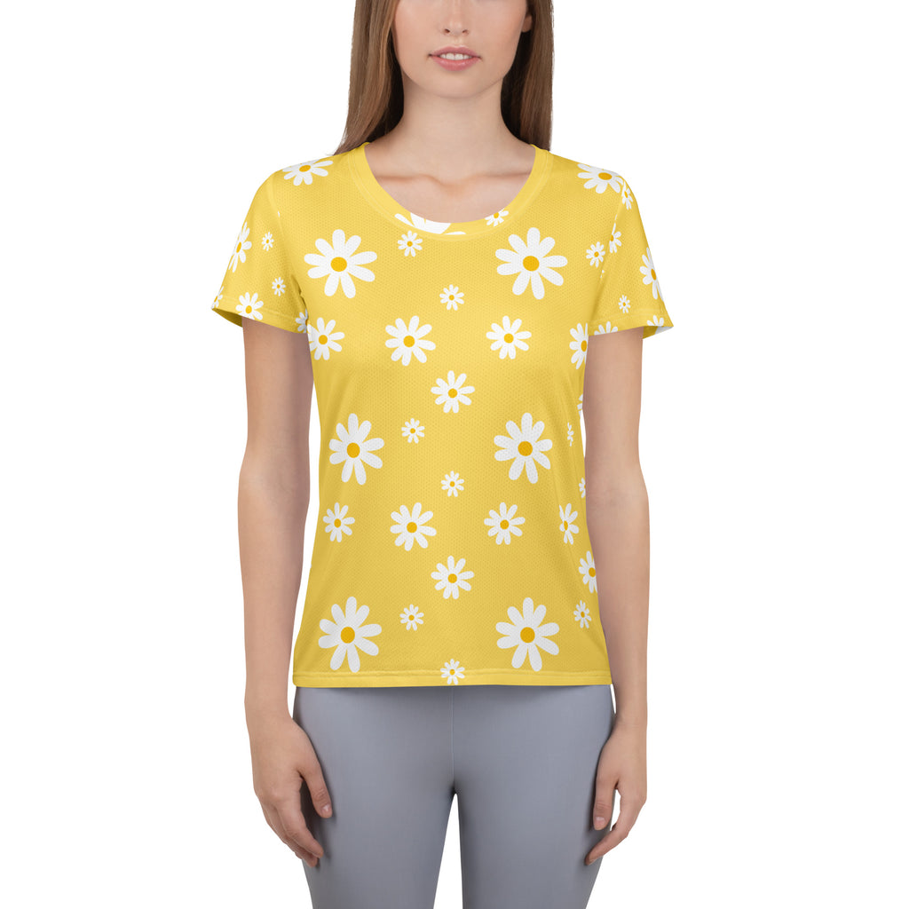 Women’s Yellow Daisy Performance Athletic T-Shirt - Lightweight Moisture Wicking Workout Top with UPF 50+