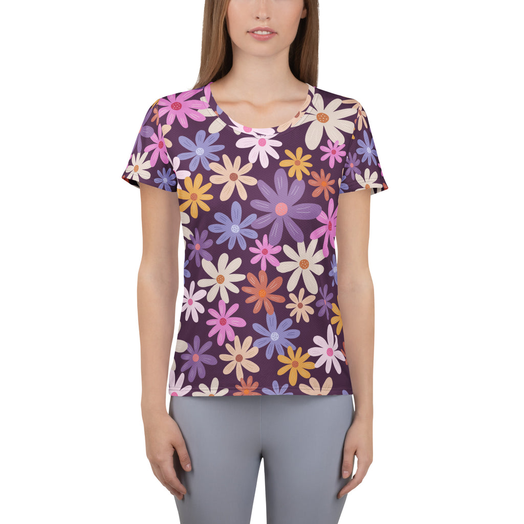 Women’s Retro Purple Floral Performance Athletic T-Shirt - Lightweight Moisture Wicking Workout Top with UPF 50+