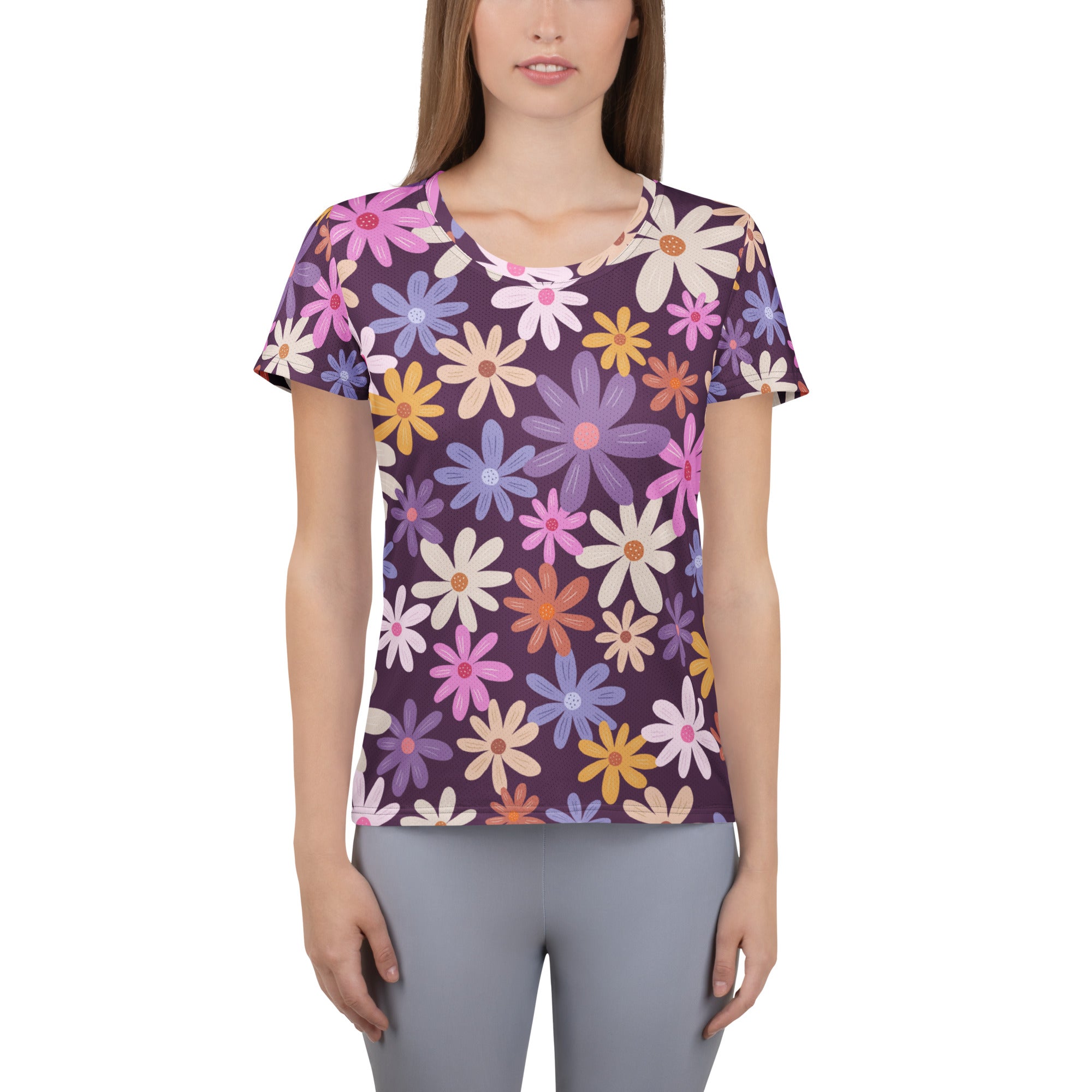 Women’s Retro Purple Floral Performance Athletic T-Shirt - Lightweight Moisture Wicking Workout Top with UPF 50+