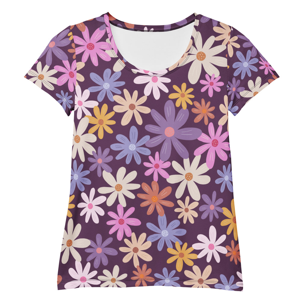 Women’s Retro Purple Floral Performance Athletic T-Shirt - Lightweight Moisture Wicking Workout Top with UPF 50+