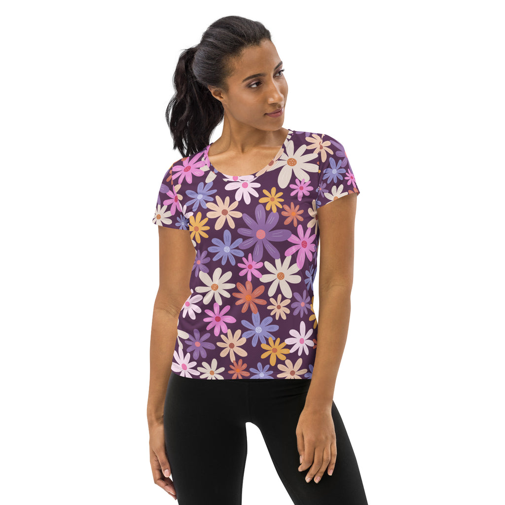 Women’s Retro Purple Floral Performance Athletic T-Shirt - Lightweight Moisture Wicking Workout Top with UPF 50+