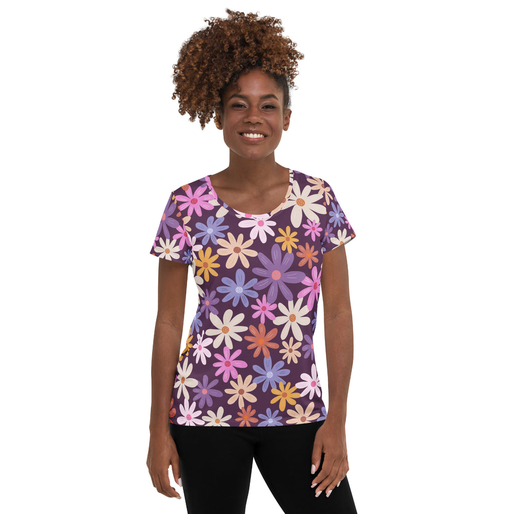 Women’s Retro Purple Floral Performance Athletic T-Shirt - Lightweight Moisture Wicking Workout Top with UPF 50+