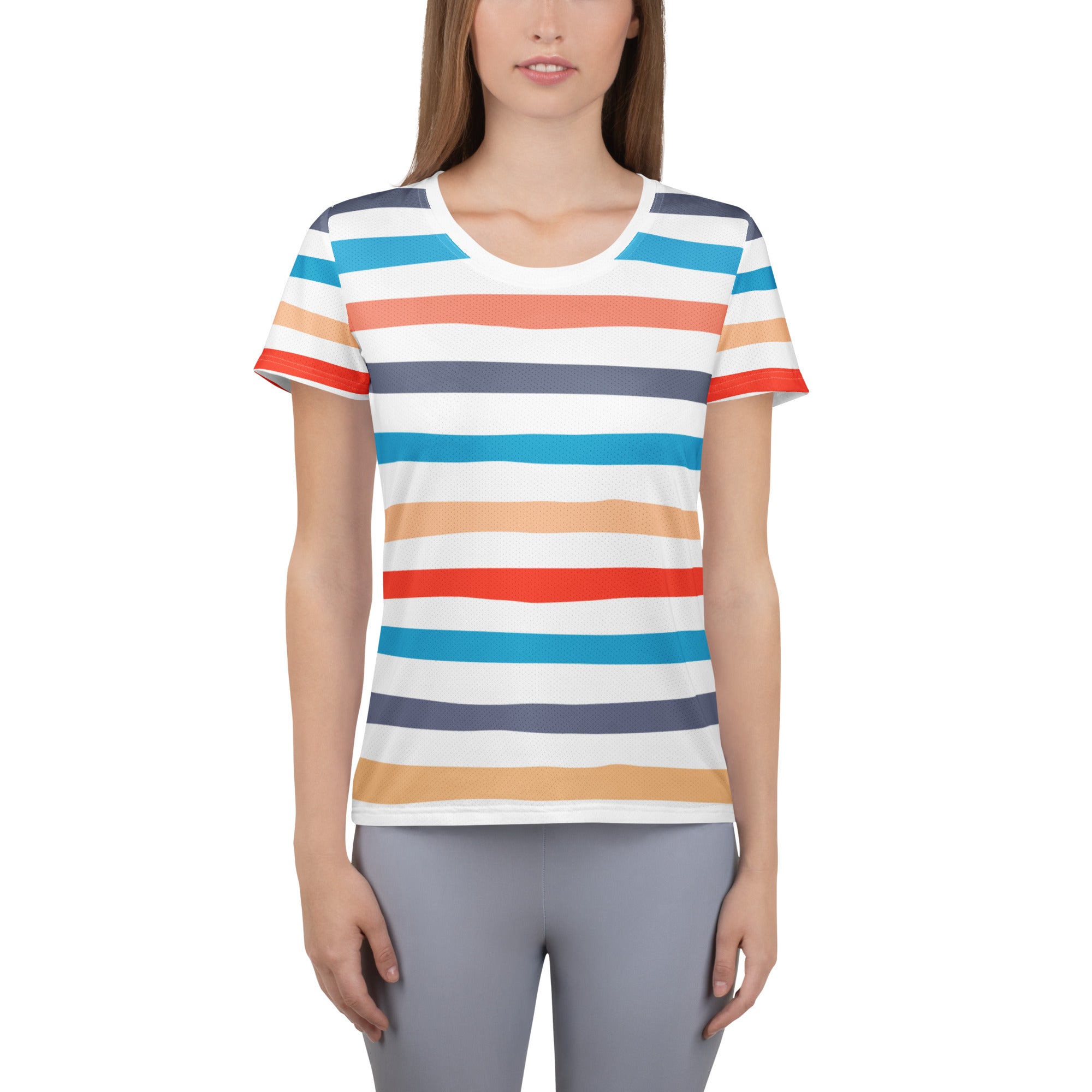 Women’s Colorful Striped Beach Performance Athletic T-Shirt - Lightweight Moisture Wicking Workout Top with UPF 50+