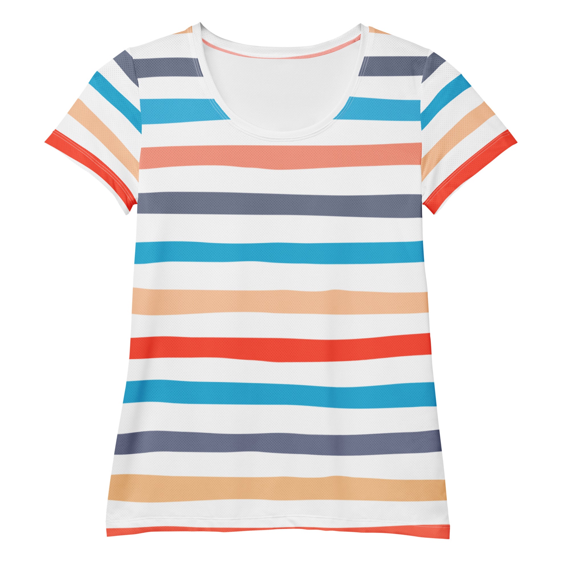 Women’s Colorful Striped Beach Performance Athletic T-Shirt - Lightweight Moisture Wicking Workout Top with UPF 50+