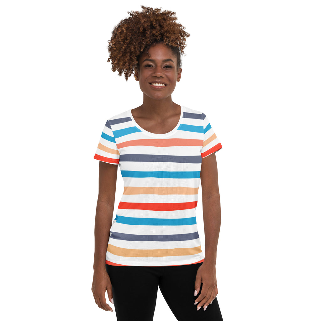 Women’s Colorful Striped Beach Performance Athletic T-Shirt - Lightweight Moisture Wicking Workout Top with UPF 50+