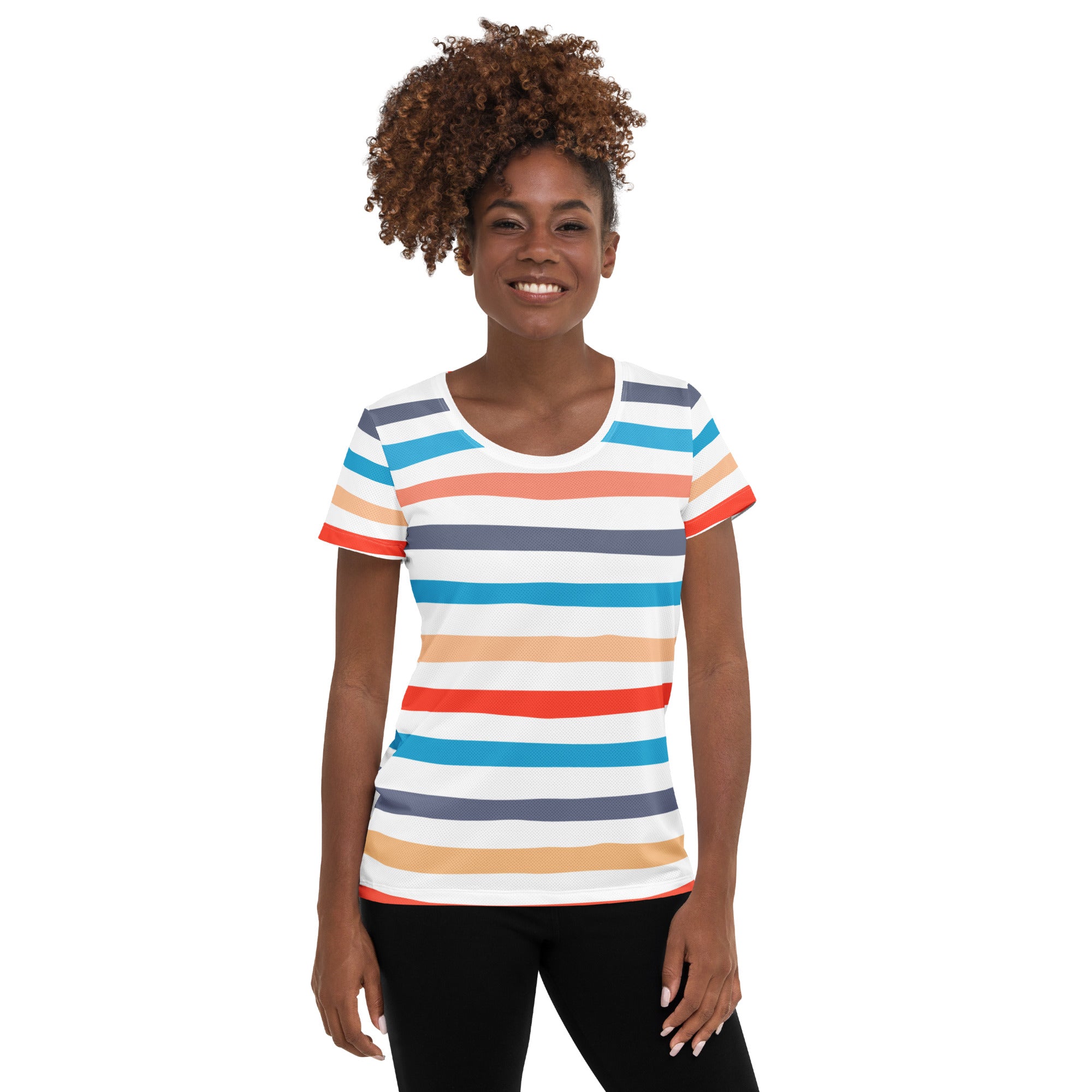 Women’s Colorful Striped Beach Performance Athletic T-Shirt - Lightweight Moisture Wicking Workout Top with UPF 50+